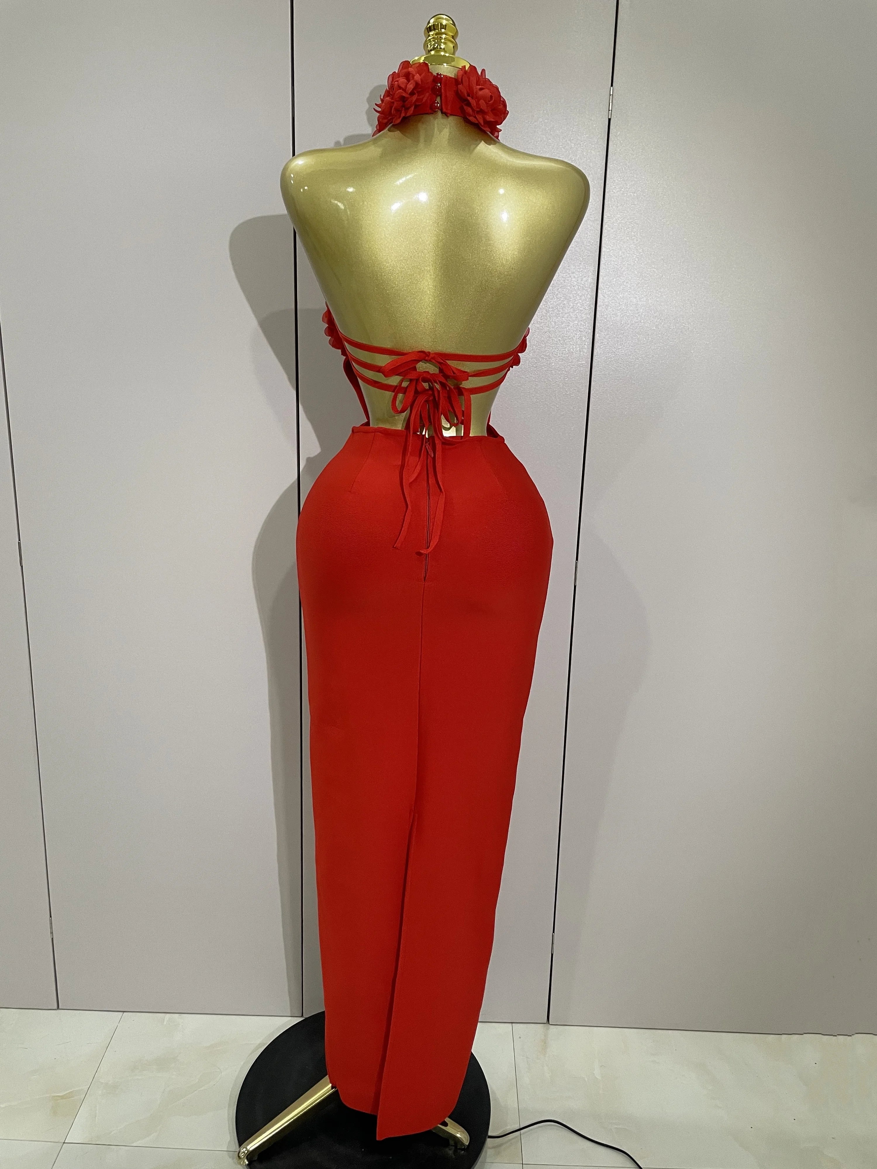 Women Celebrity Sexy Halter Backless Flower Long Bandage Bodycon Dress  Luxury Birthday Dress Elegant Evening Party Outfit
