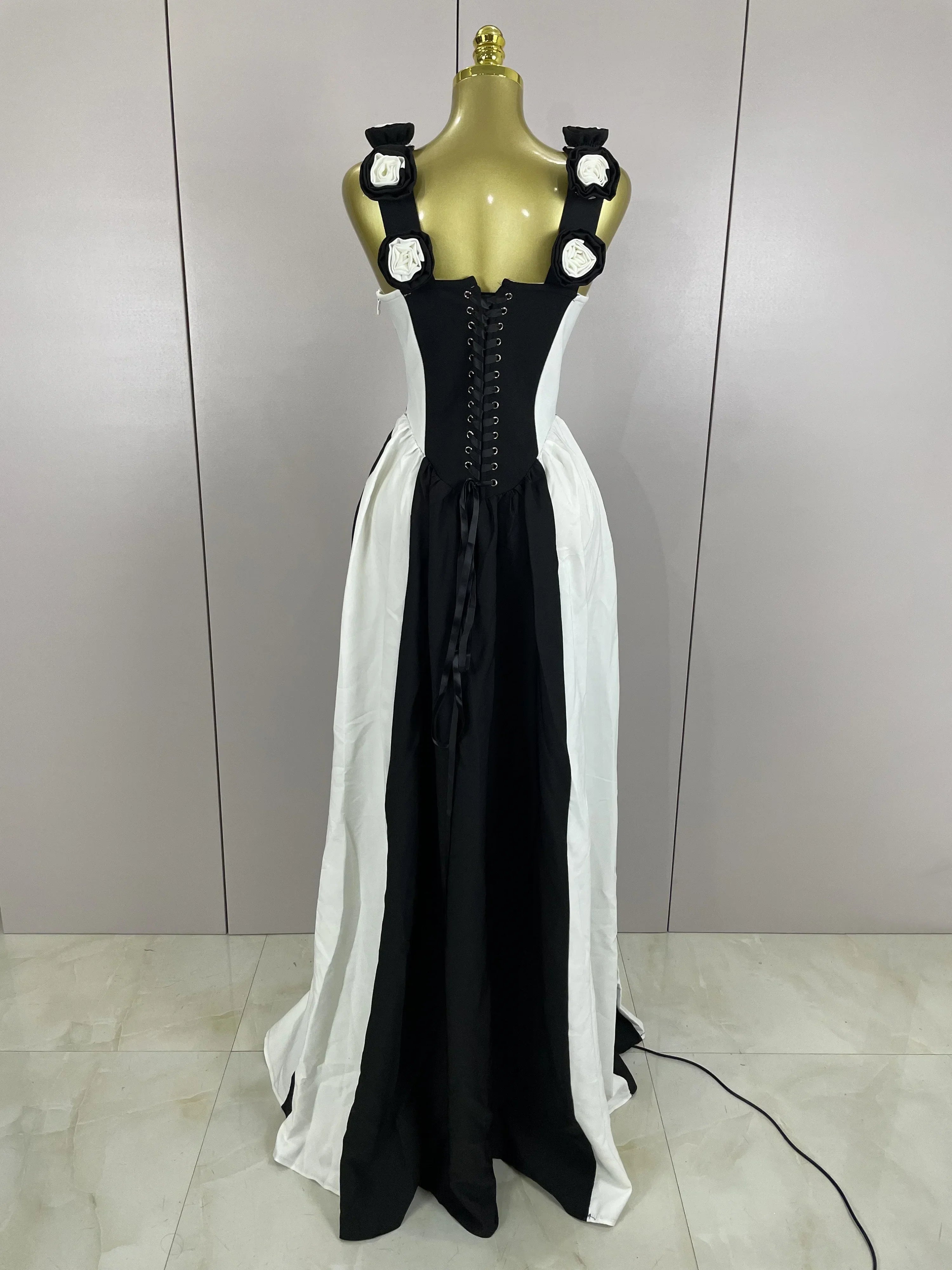 Sexy Black White Flower Stripe High fork Sleeveless Bandage Long Dress  Women Vacation Party Elegangt Party Club Dresses