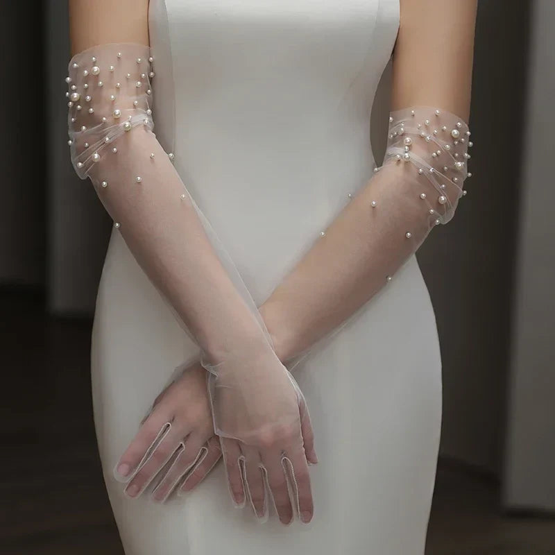 Long Bridal Gloves Vintage Flower Pearls Wristband Wedding Glove For Women Girl Party Evening Dress Jewelry Bride Accessories l