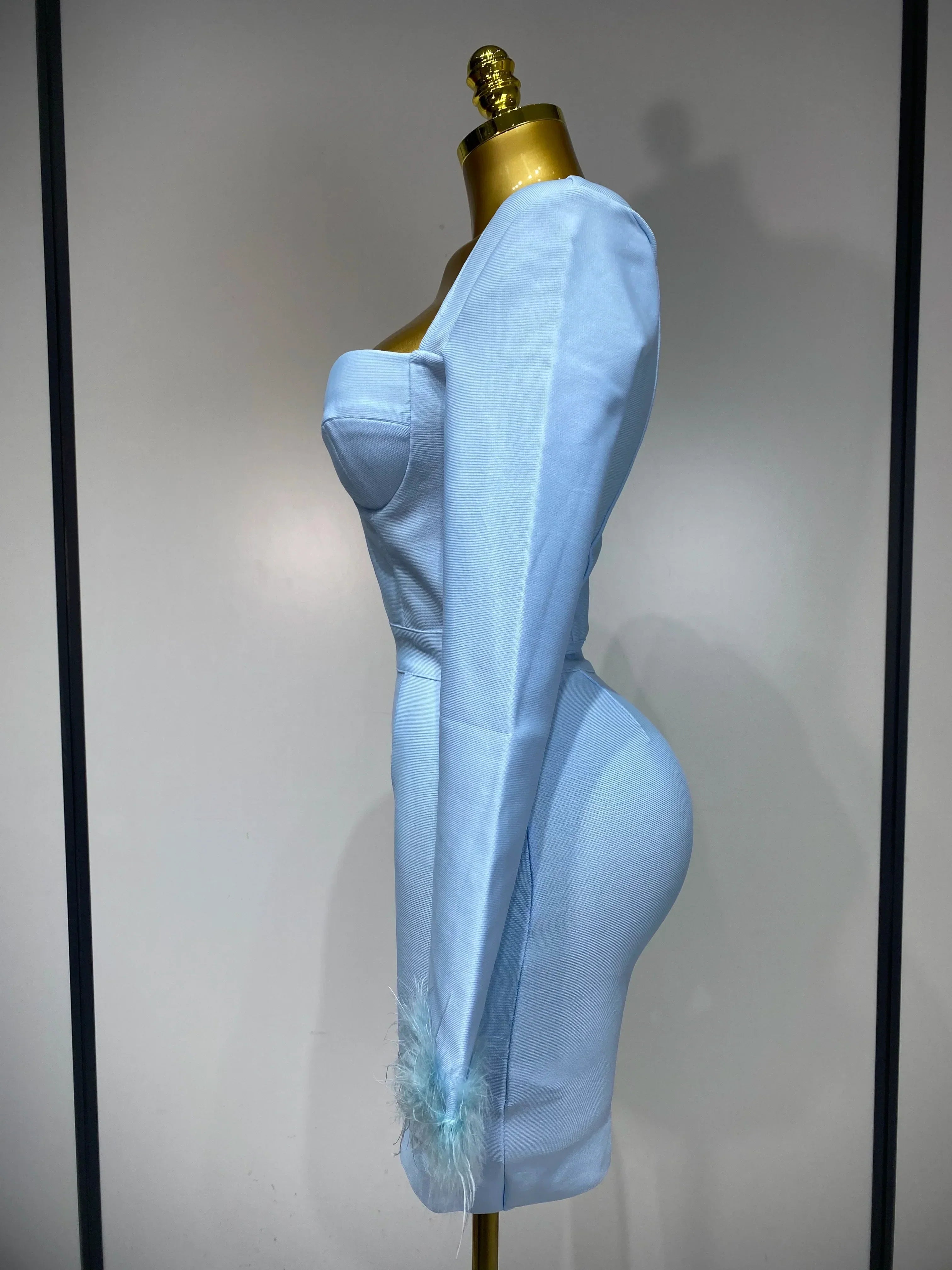 Women Fashion Sexy Long Sleeve Feathers Mini Bodycon Bandage Dress  Elegant Evening Party Club Luxury Birthday Dresses