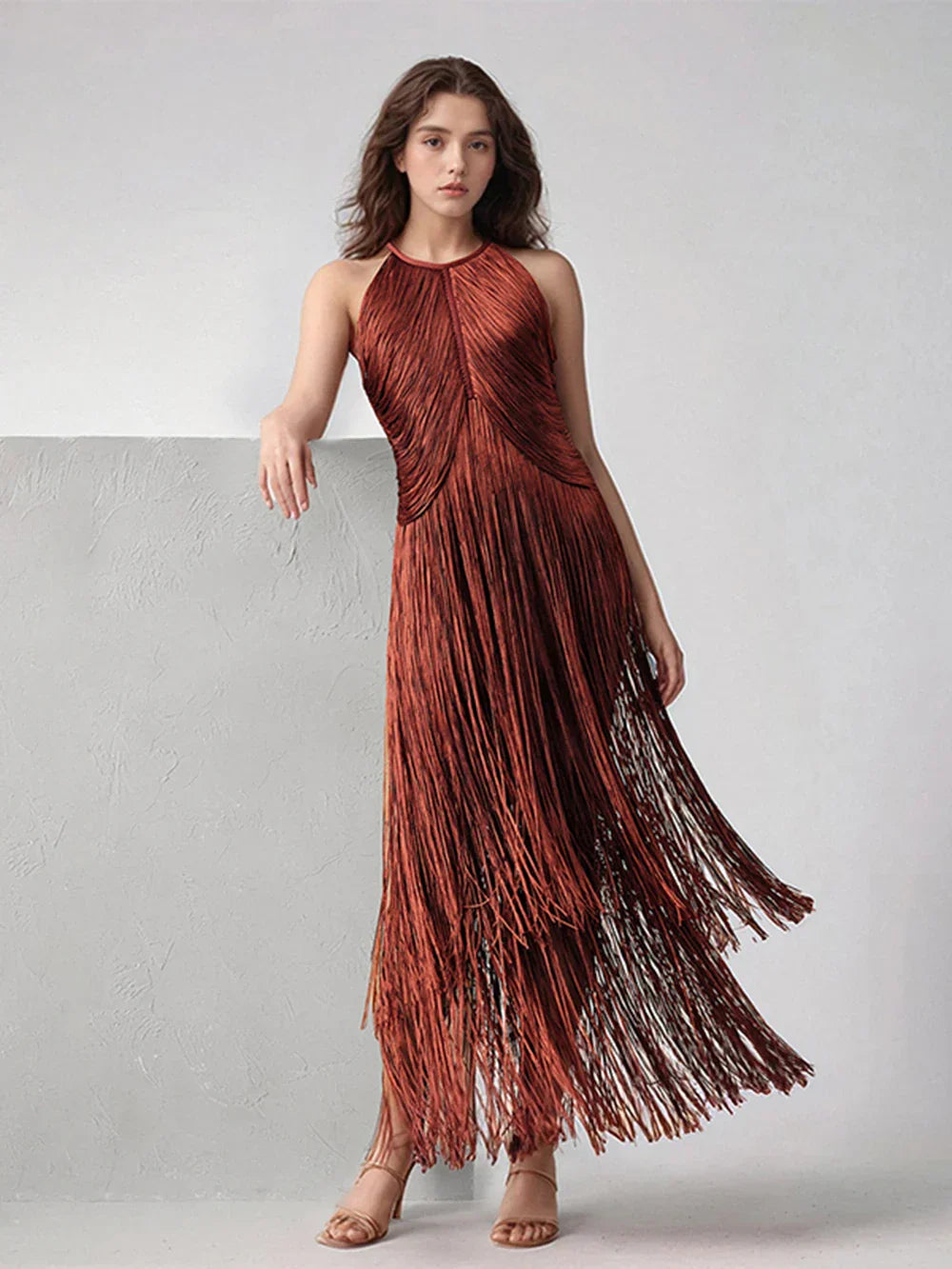 Modphy Sexy Tassel Ankle Bodycon Bandage Long Dress Celebrity Elegant Evening Club Luxury Birthday Party Outfit ﻿