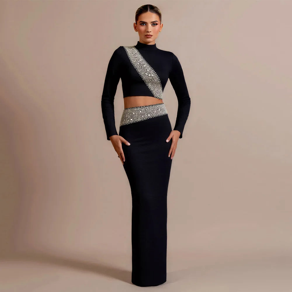 New Black Red Women Long Sleeve Shinning Diamond 2 Pieces Bodycon Bandage Long Dress Elegant Normal Evening Party Outfit black