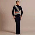 New Black Red Women Long Sleeve Shinning Diamond 2 Pieces Bodycon Bandage Long Dress Elegant Normal Evening Party Outfit black