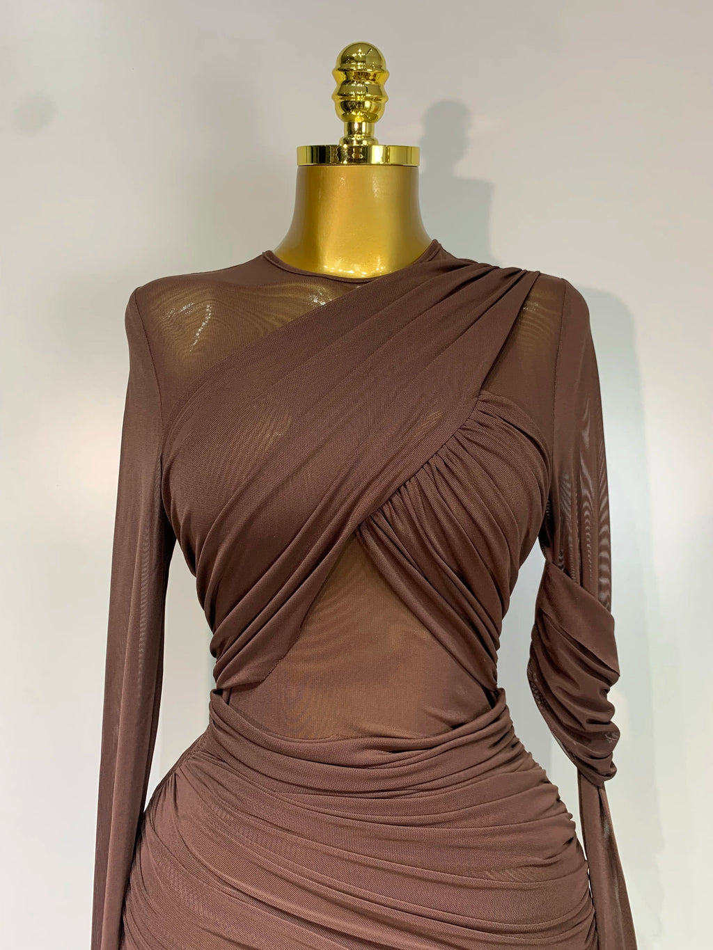 Elegant Brown Mesh Fold Long Sleeve Bodycon Dress Women  Evening Party Club Sexy Perspective Fashion Luxury Birthday Dresses