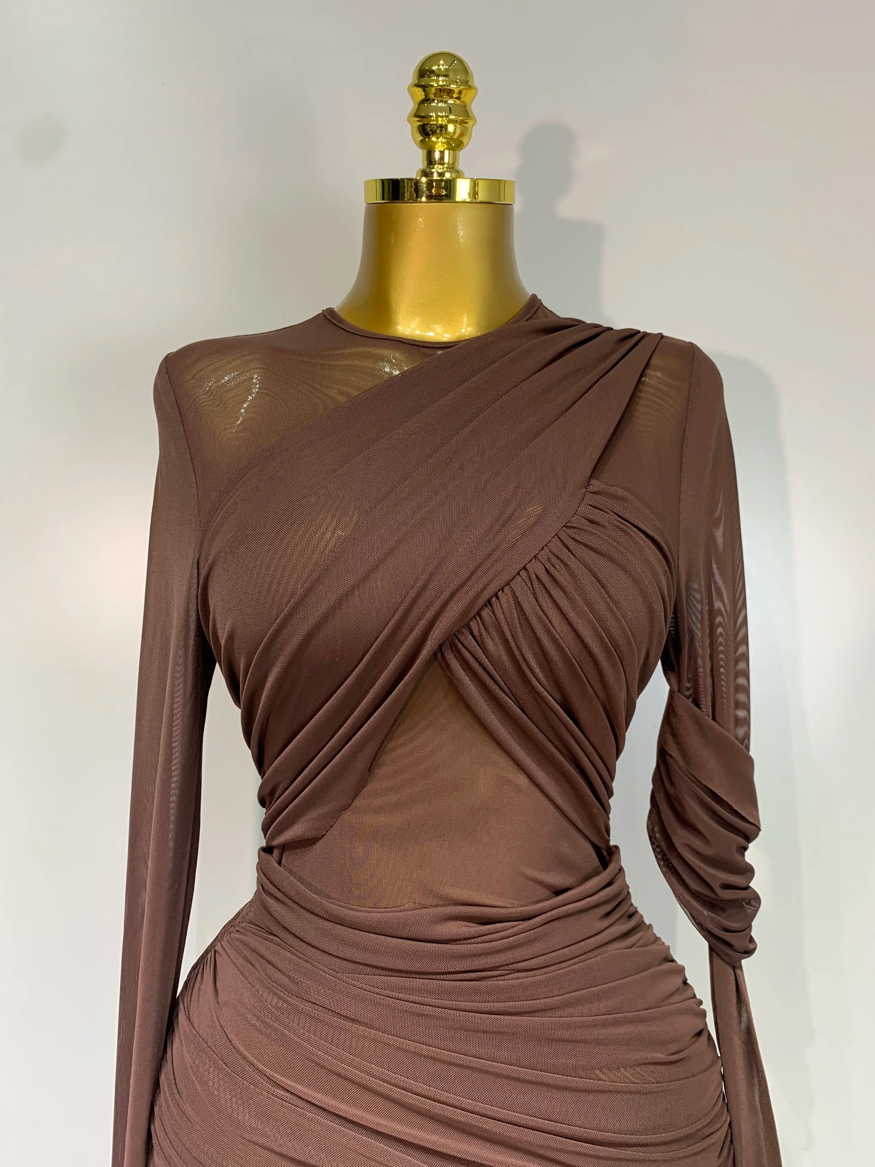 Elegant Brown Mesh Fold Long Sleeve Bodycon Dress Women  Evening Party Club Sexy Perspective Fashion Luxury Birthday Dresses