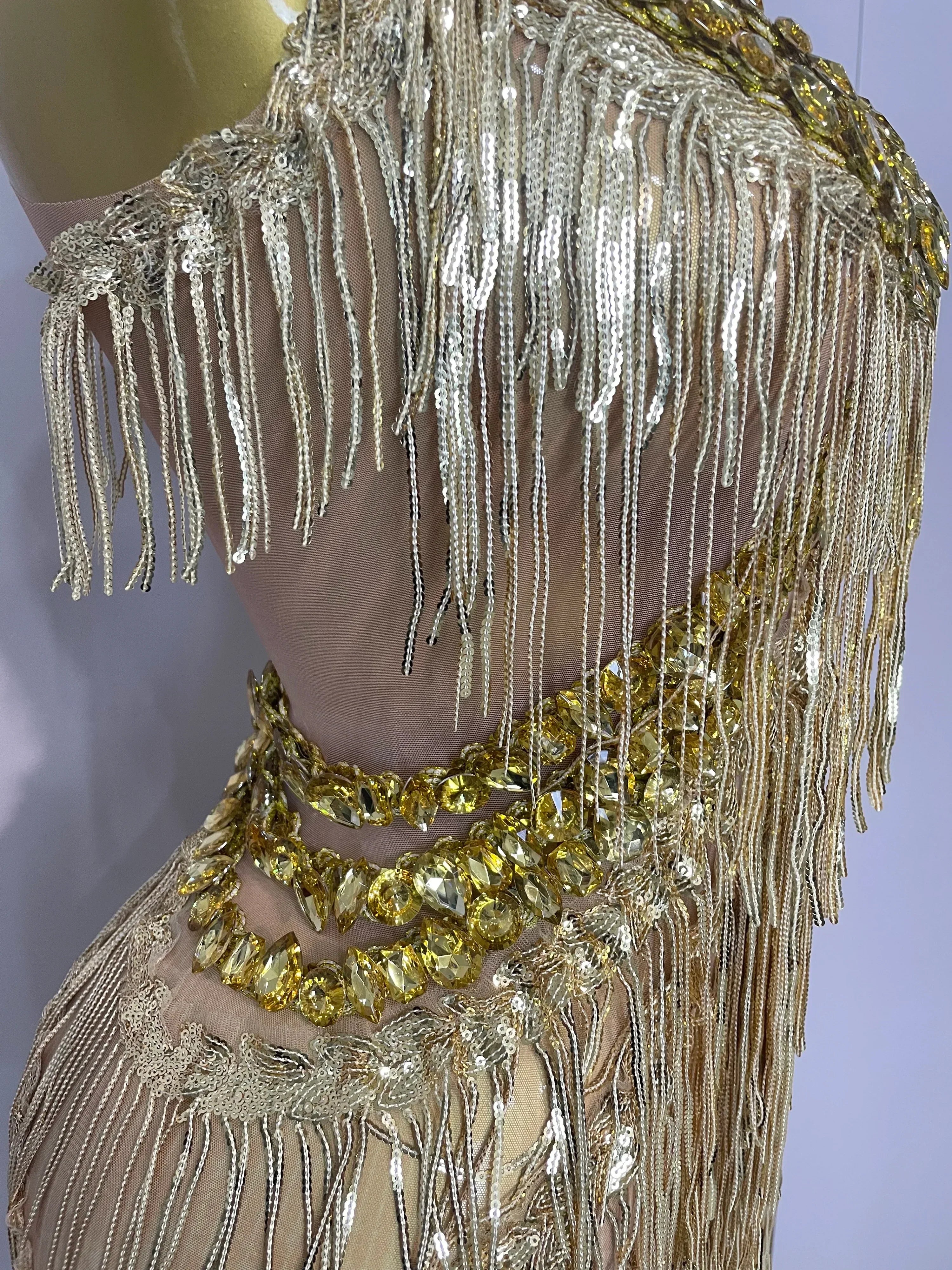 Shiny Gold Rhinestones Sequined Fringe Wide-leg jumpsuit  Women Sexy Night Party Club Outfit Singer Stage Perform Costume