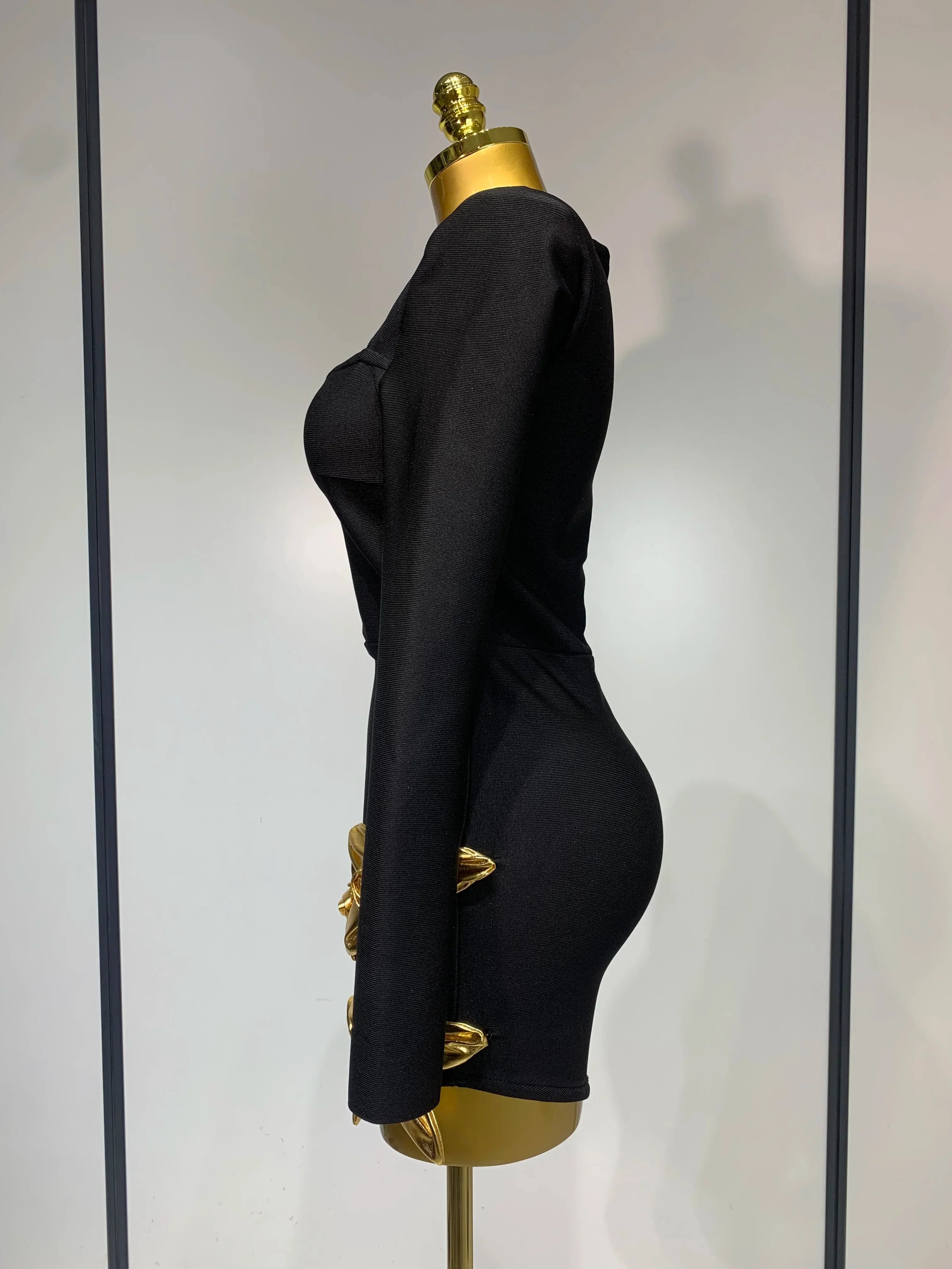 Women Long Sleeve Sexy Square Collar Gold Flower Bodycon Mini Bandage Dress Celebirty Elegant Nightclub Luxury Birthday Dresses