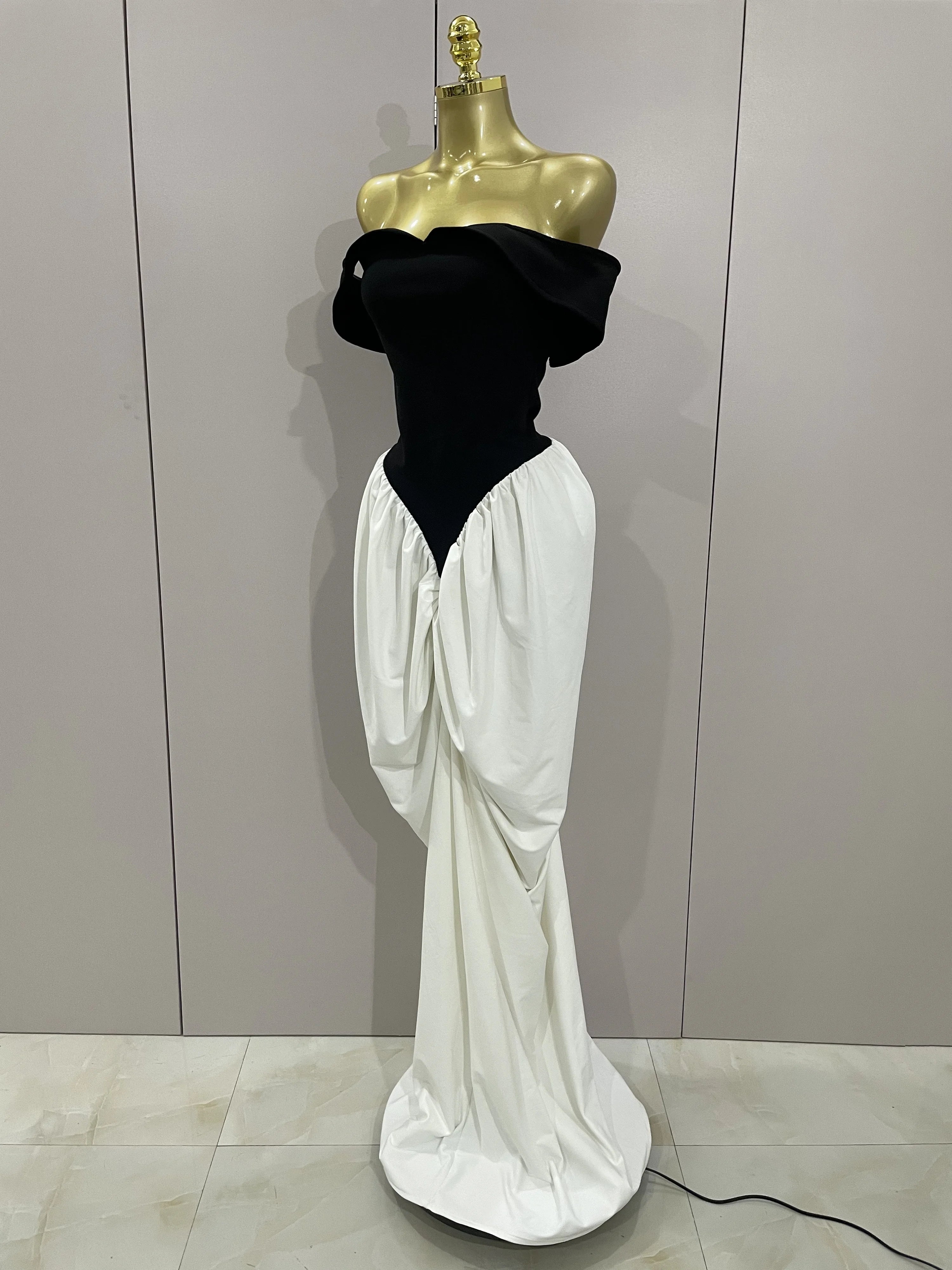 Sexy V Neck off-The-Shoulder Black And White Splicing Mermaid Floor-length dress  Women Formal Evening Birthday Party Dress