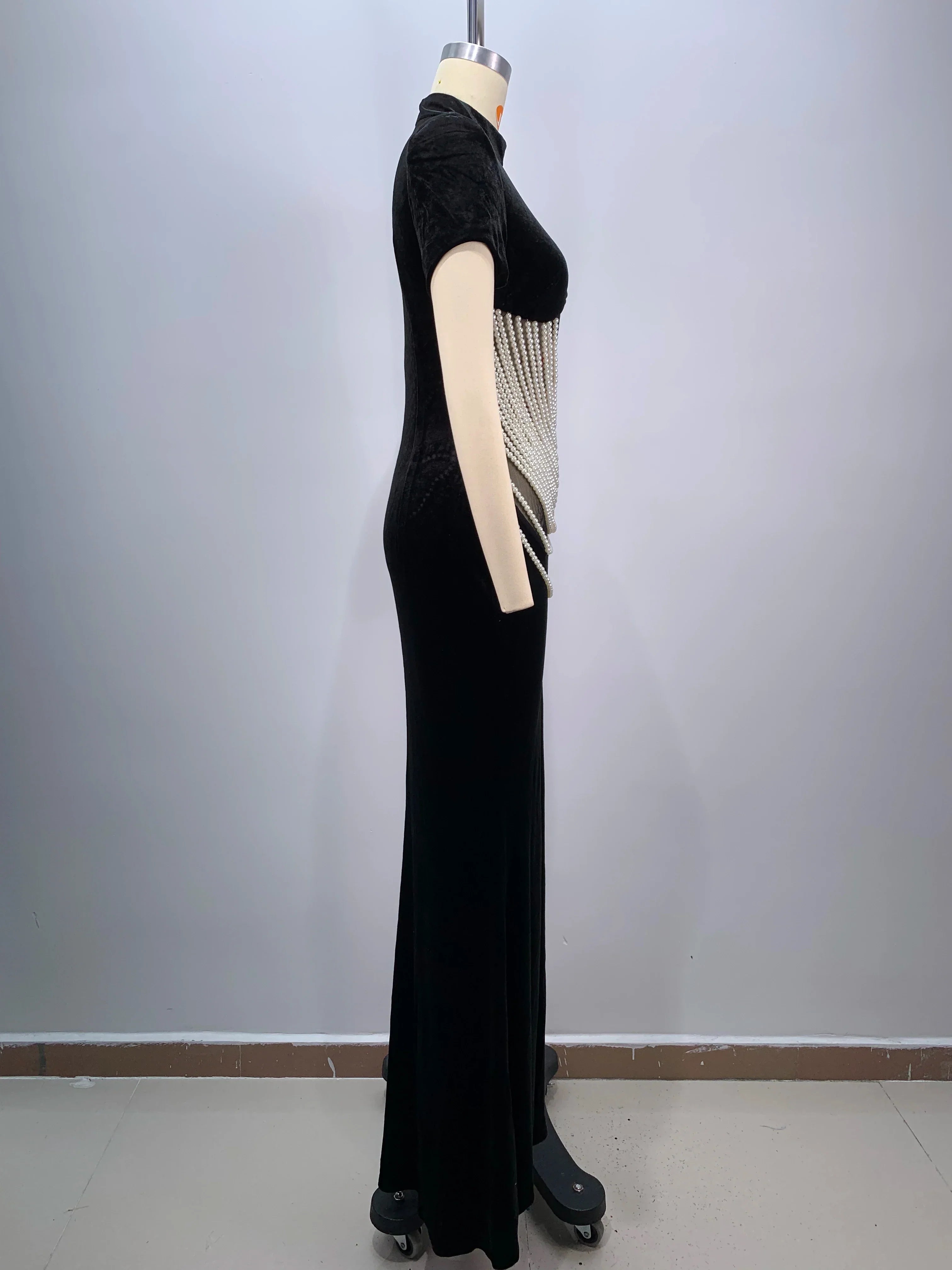 2024 New Celebrity Red Carpet Dress Women Sexy Short Sleeve Pearl Beading Bodycon Long Dress Evening Party Prom Outfit Vestido