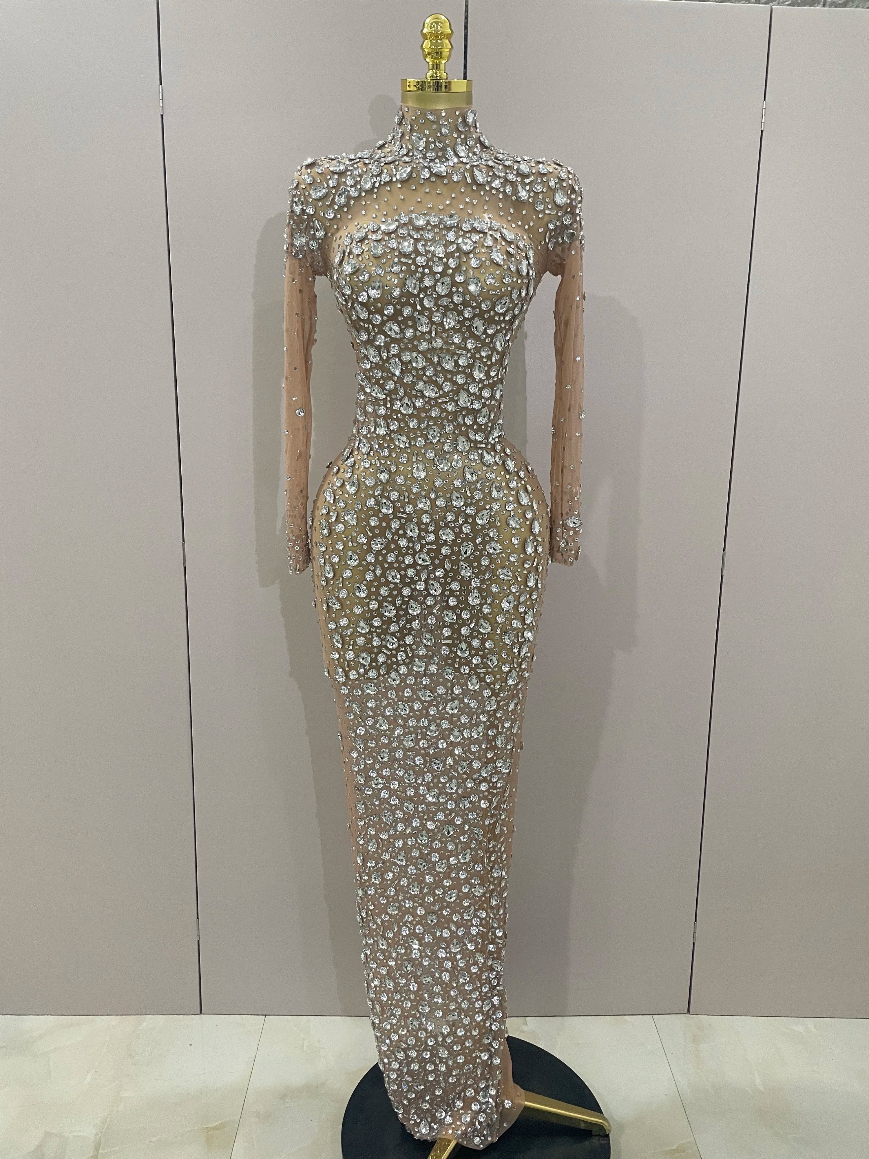 Sparkly Silver Big Rhinestone Sexy Transparent Long Dress Women Evening Birthday Party Celebrate Club Dancer Stage Costume Silver
