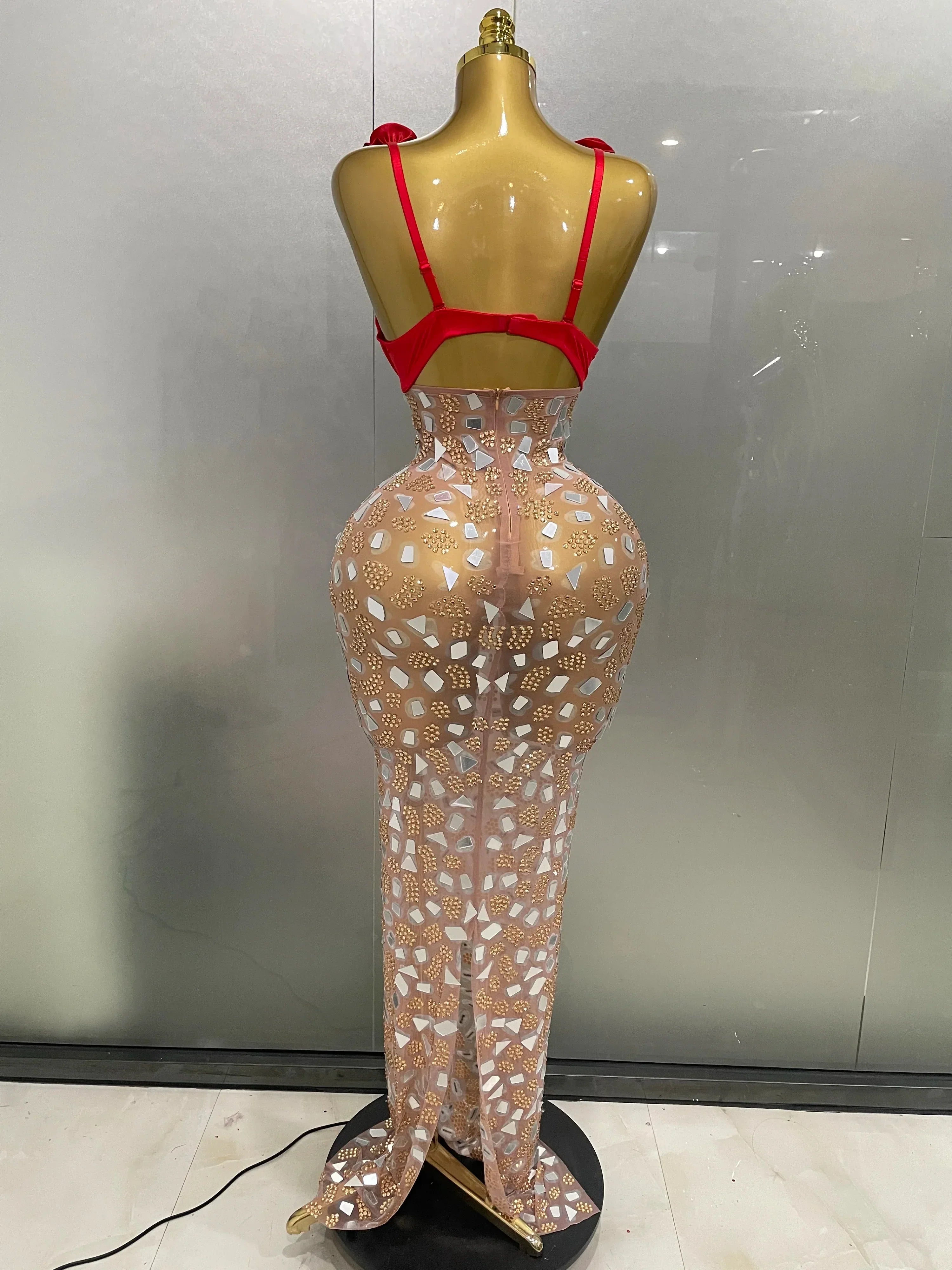 Sexy Sparkly Rhinestones Mesh Mirrors Red Roses Long Dress   Women Elegant Evening Party Club Stage performance Costume