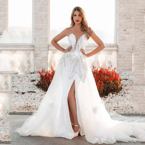 Charming Gorgeous Prom Dresses Strapless Sleeveless Sequins Appliques Split Long Formal Dress Women Evening Gowns Custom Made WHITE
