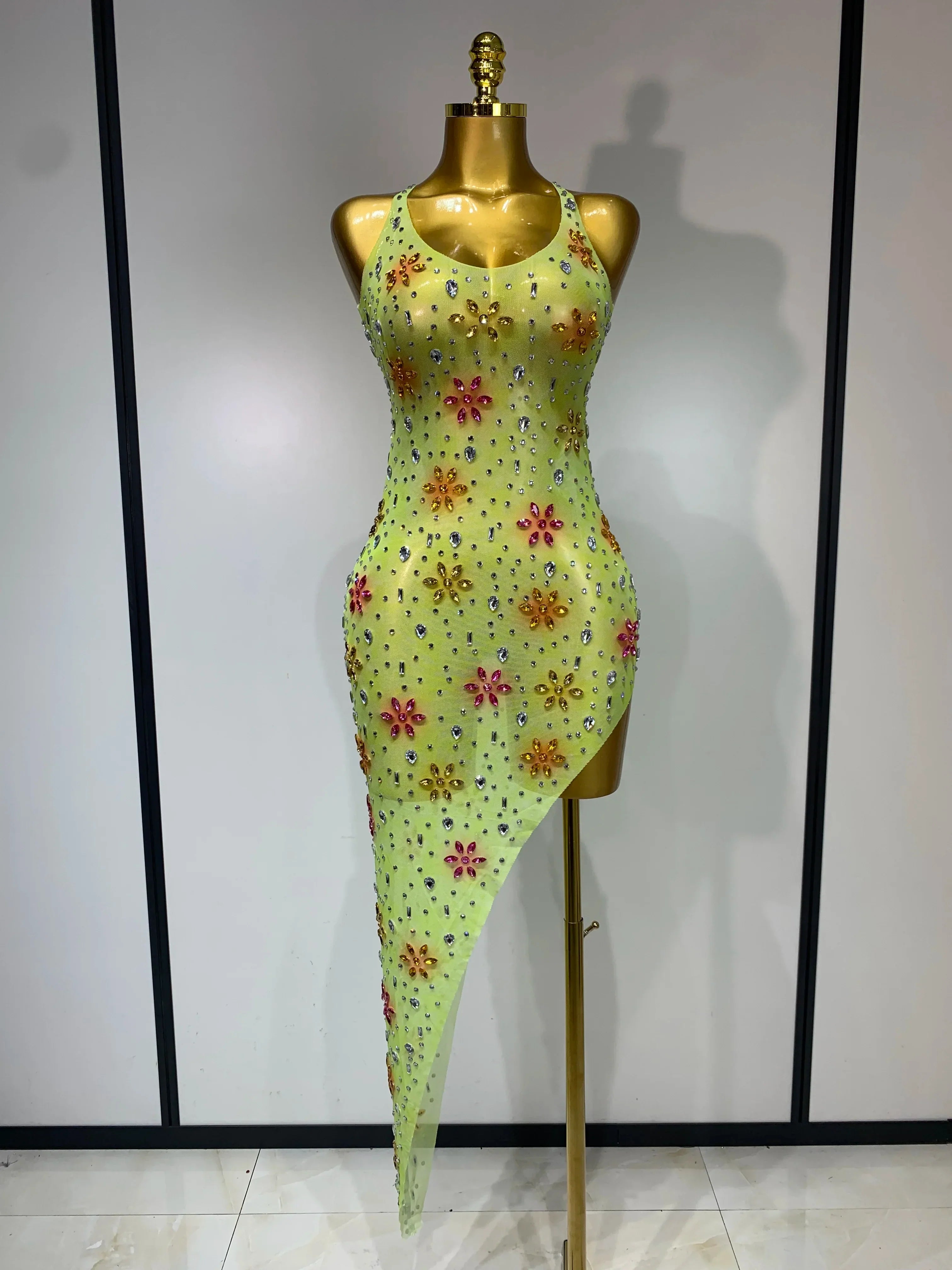 Women Sexy Mesh See Through Stretchy Sparkly Rhinestone Performance Costume Stage Dancer Nightclub Party Luxury Birthday Dress Yellow