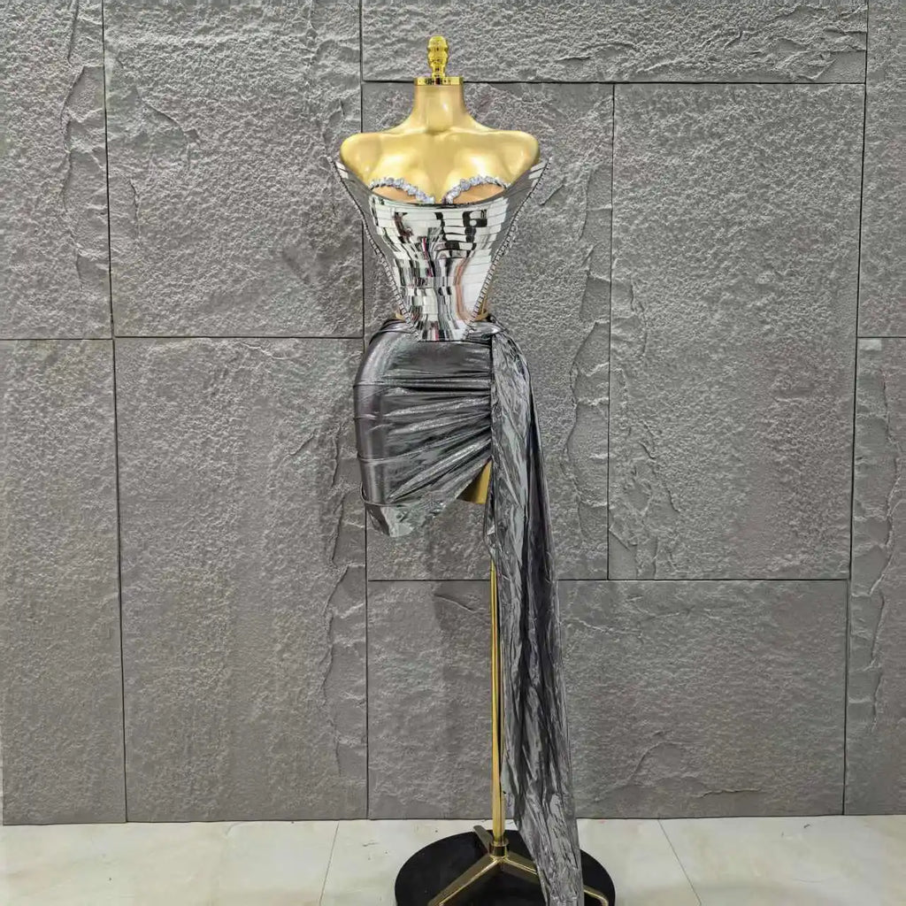 Golden Silver Women Sexy Strapless Shinning Crystal 2 Pieces Bodycon Mini Dress Birthday Party Photo Shoot Celebrate Stage Wear