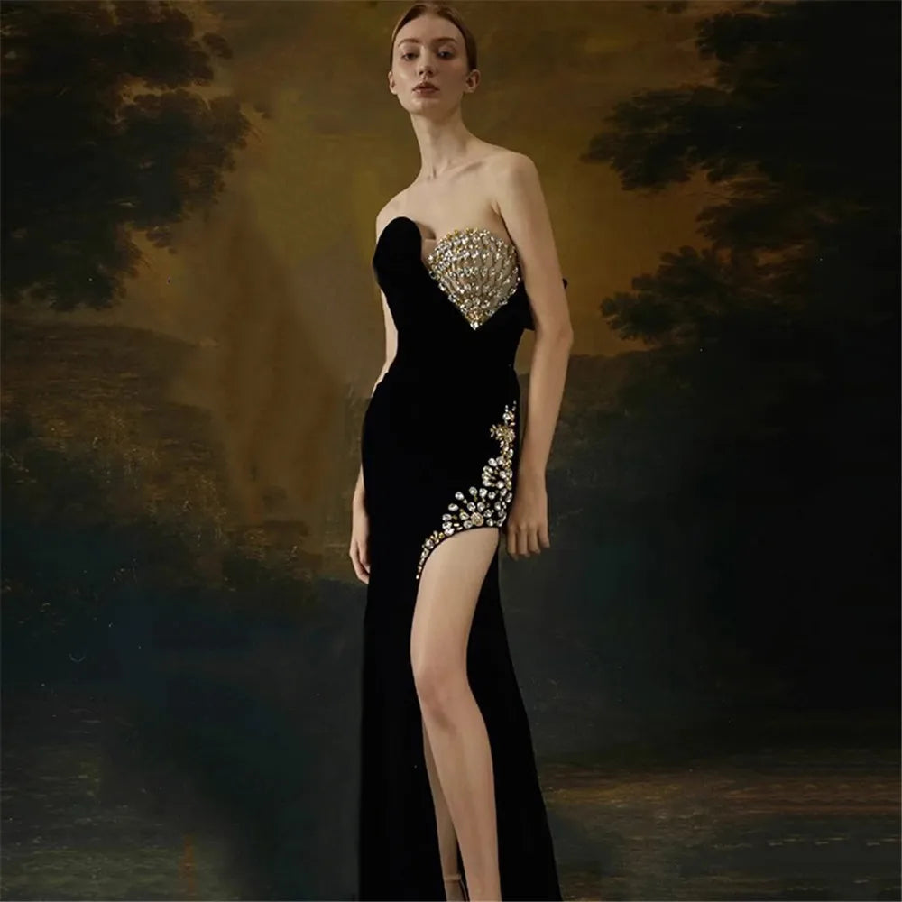 Women Sexy Strapless Shinning Crystal Bodycon Bandage Long Dress Celebrate Evening Party Red Carpet Outfit Vestido black