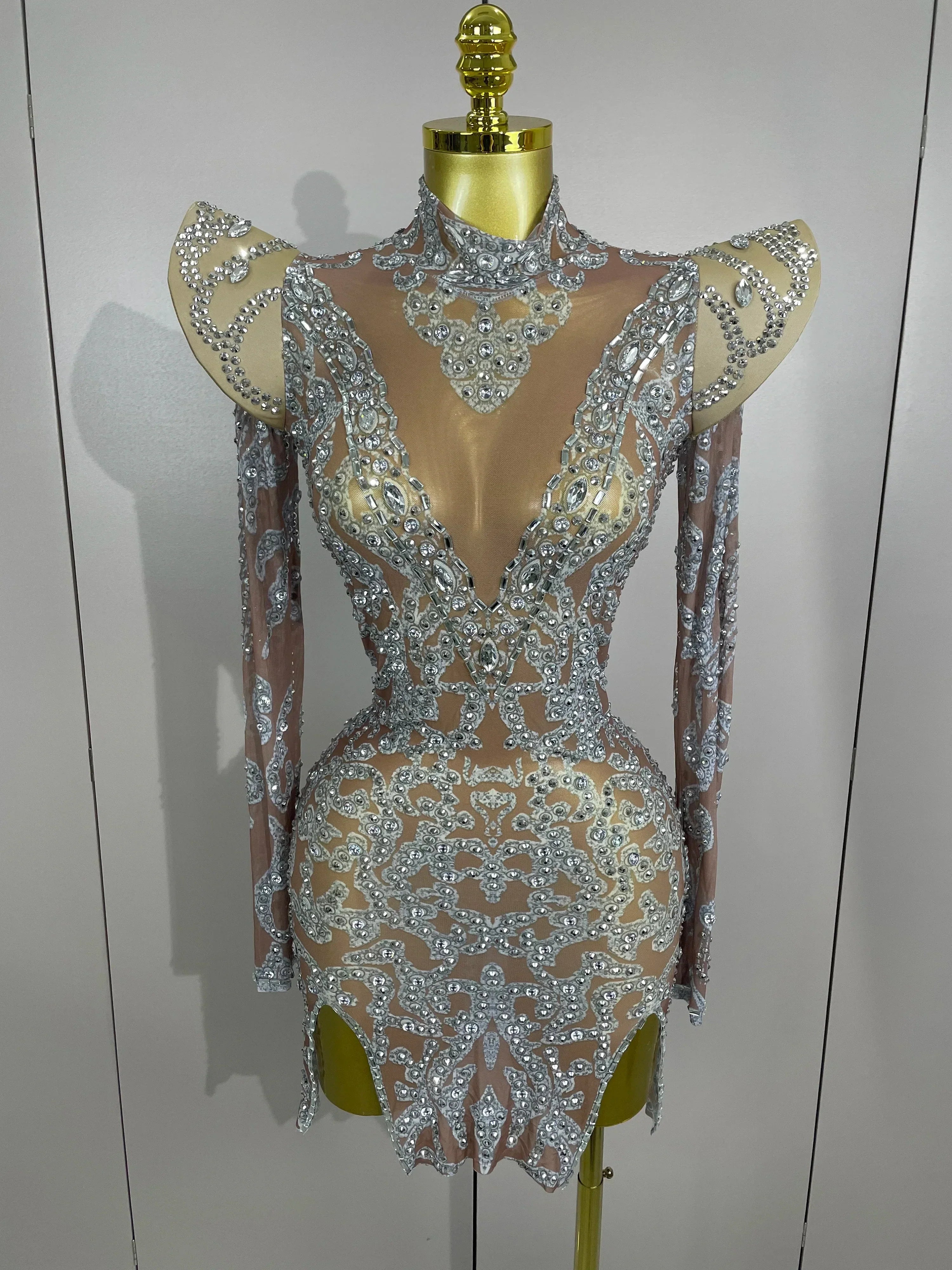 Sexy Singer Stage Drag Queen Costume Women Shiny Rhinestones Transparent Short Dress Birthday Celebrate Photoshoot Dress Dark Brown