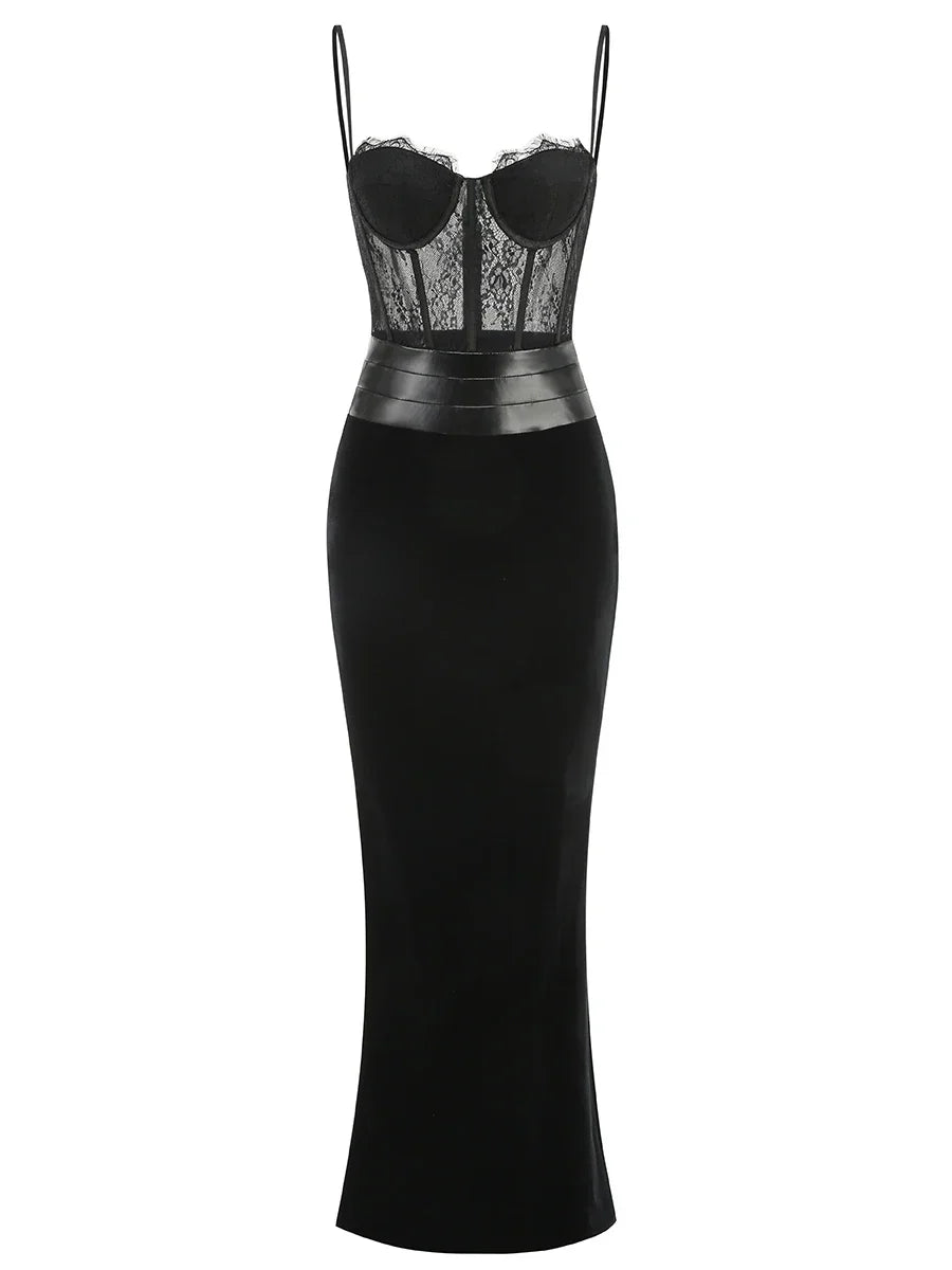 Black Women Sexy Strap Lace Fashion Bodycon Long Maxi Dress Celebrate Birthday Vacation Cocktail Outfit Vestido