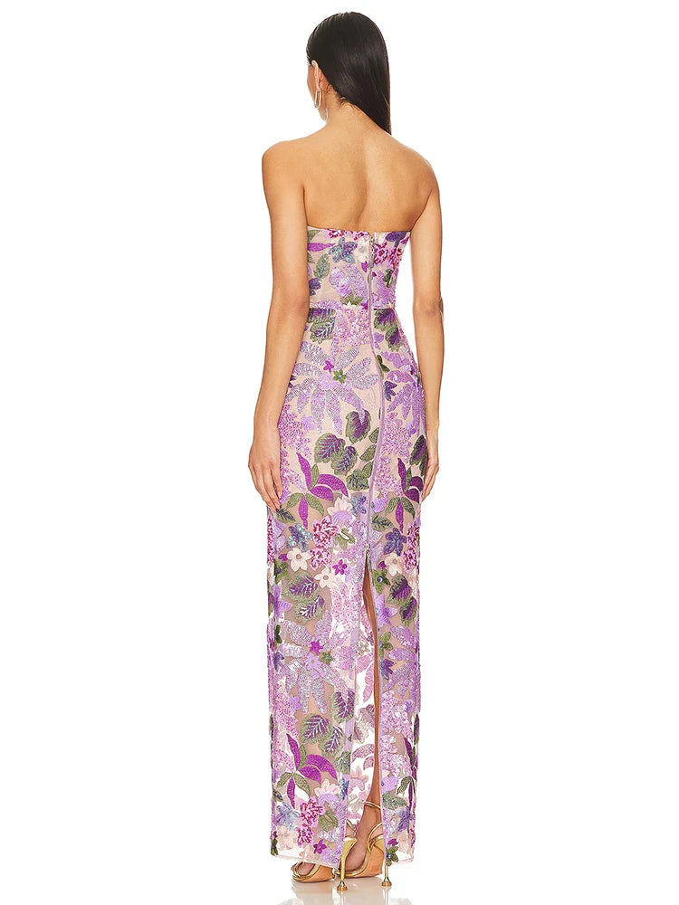 Sequin Flowers Embroidery Sexy Mesh See Through Strapless Ankle Length Dress Elegant Woman Evening Dress Celebrity Party Outfit