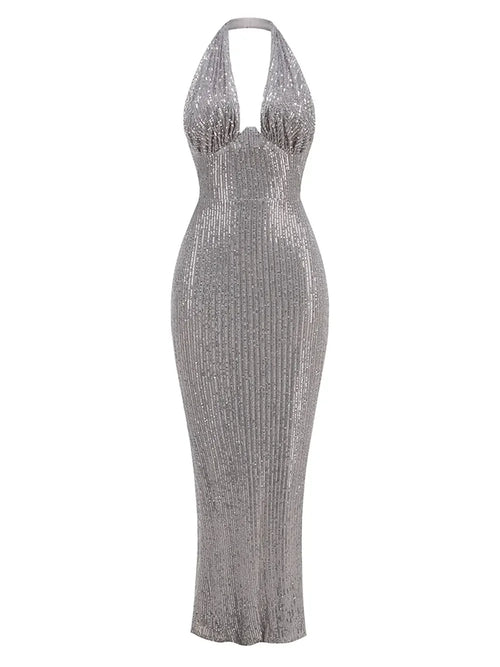 2024 Sexy Women's Maxi Red Sparkle Dress with Hanging Neck Sleeveless Bodycon Backless Long Dresses Evening Club Party Vestidos Dark Grey