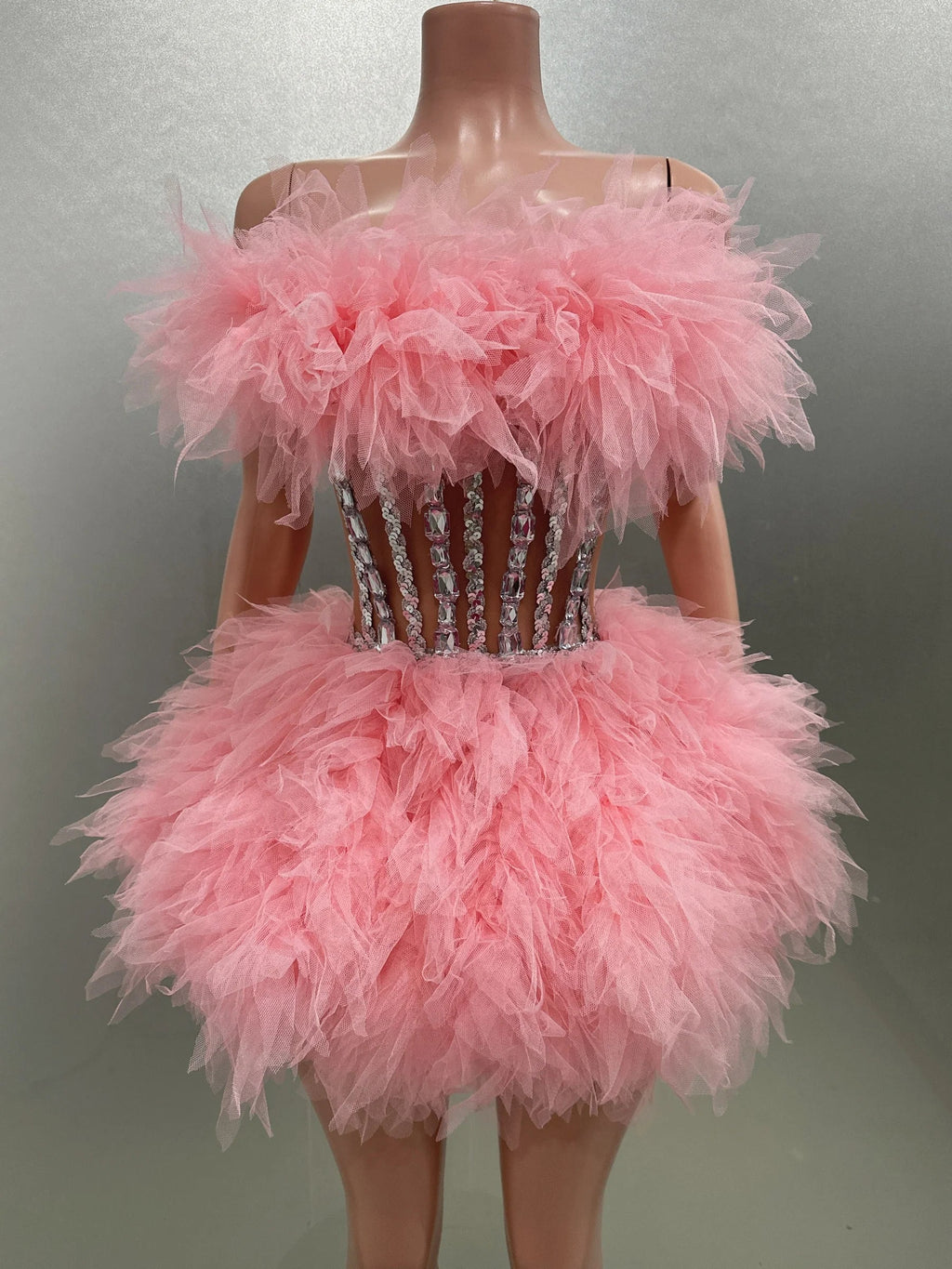 Celebrity Nightlcub Party Birthday Photo Shoot Dress Women Sexy Strapless Mesh Ruffles 2 Pieces Ball Gown Mini Dress Pink