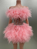 Celebrity Nightlcub Party Birthday Photo Shoot Dress Women Sexy Strapless Mesh Ruffles 2 Pieces Ball Gown Mini Dress Pink