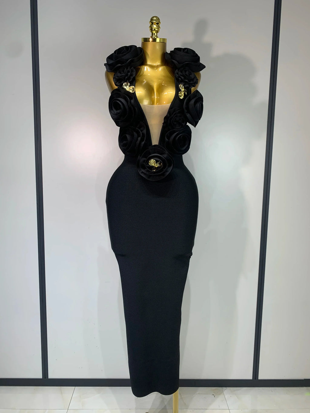 Fashion 3D Flower Sleeveless Bodycon Bandage Dress Women Celebrity Elegant Party Club Luxury Birthday Dress Vestidos ﻿ black