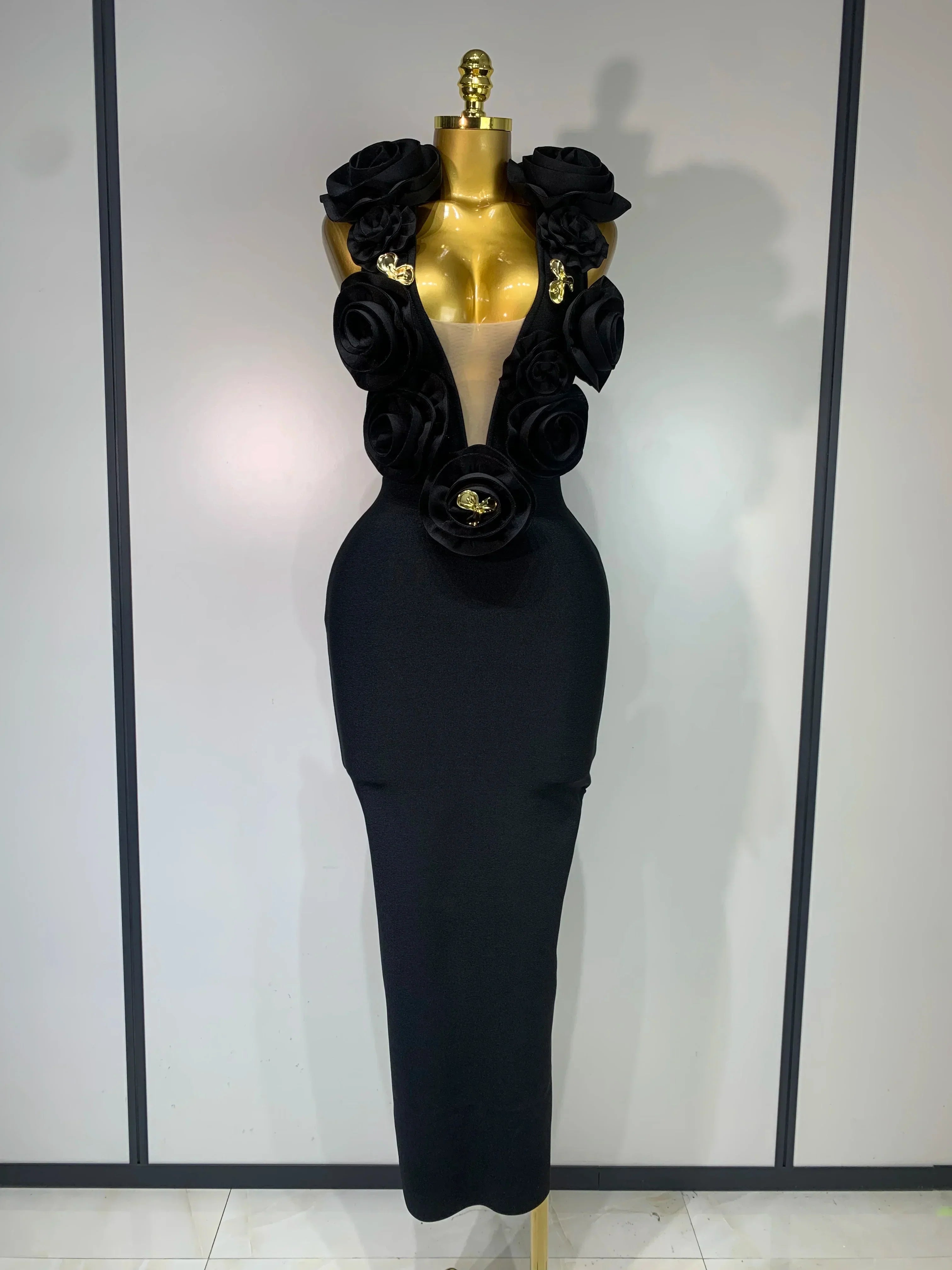 Fashion 3D Flower Sleeveless Bodycon Bandage Dress Women Celebrity Elegant Party Club Luxury Birthday Dress Vestidos ﻿ black