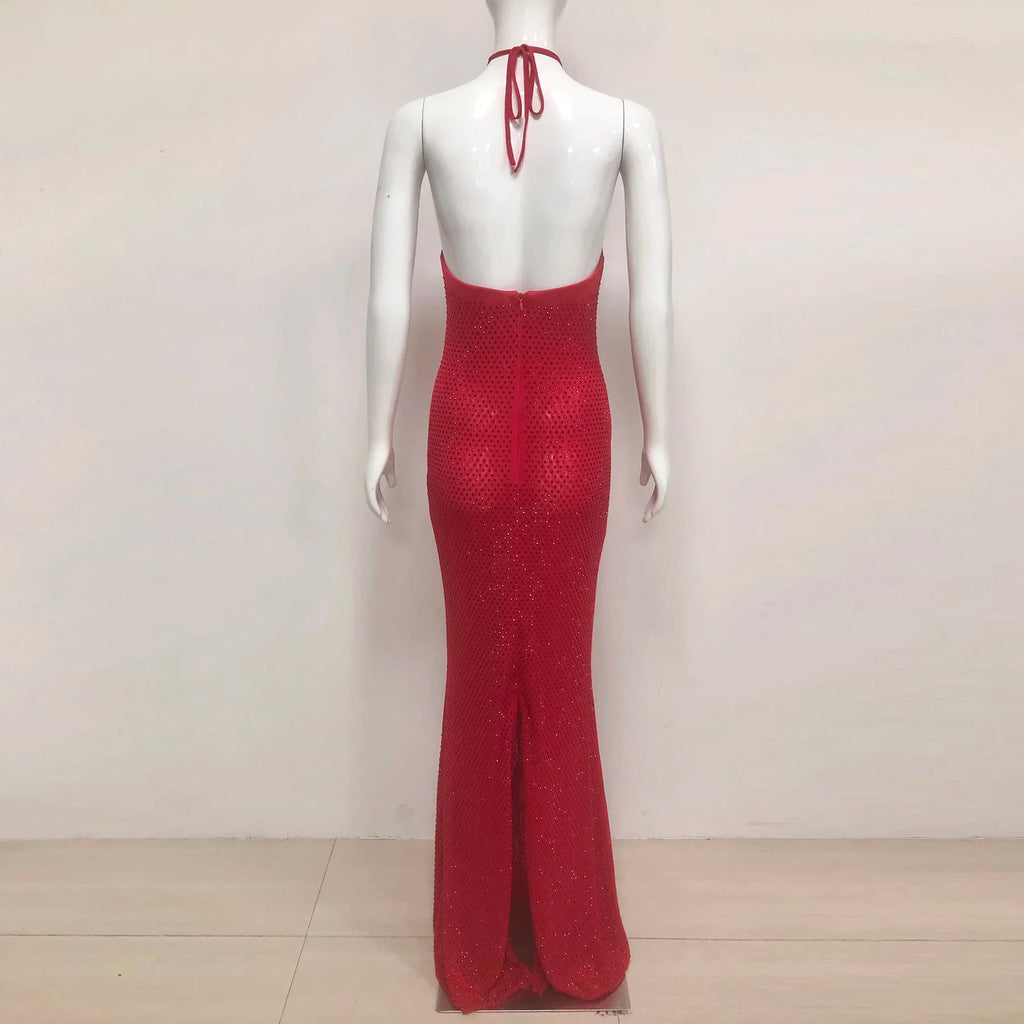 Women Sexy Halter Shinning Rhinestones Backless Bodycon Long Dress Celebrate Nightclub Party Wedding Outfit