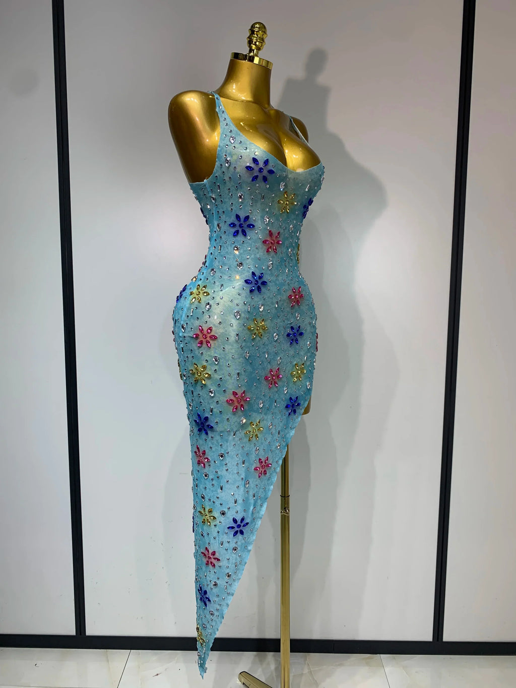 Newest Sexy Mesh High Split Sparkly Diamonds See Through Dress Luxury Birthday Dress Women Celebrate Party Stage Outfit