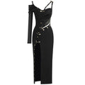 Autumn Golden Clip Hollow Out One Shoulder High Split Long Dress Fashion Woman Evening Party Dress Cocktail Party Vestido black
