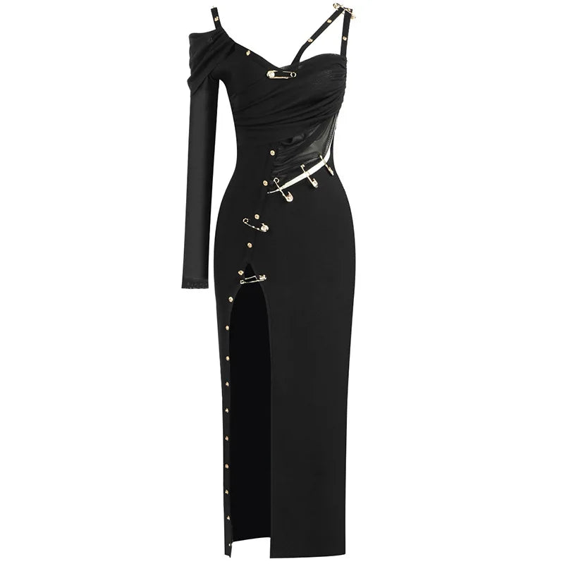 Autumn Golden Clip Hollow Out One Shoulder High Split Long Dress Fashion Woman Evening Party Dress Cocktail Party Vestido black