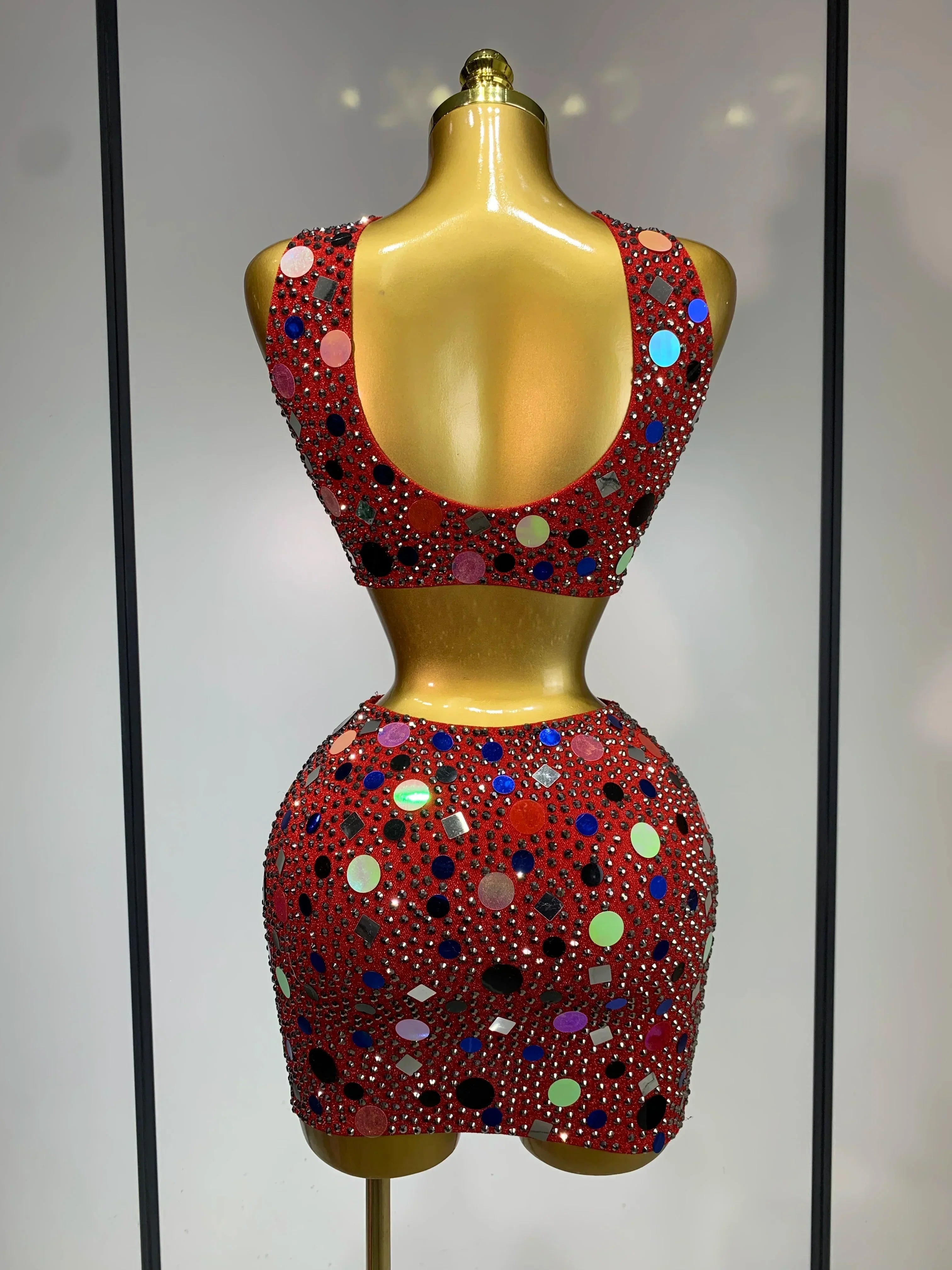 Luxury Rhinestone Sequin Sexy Two Piece Set  Fashion Nightclub Sparkly Perform Stage Costume Birthday Dress