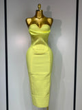 Newest Women Strapless Sexy Yellow Stretch Bodycon Bandage Dress Elegant Evening Party Luxury Birthday Celebrity Prom Gown Yellow