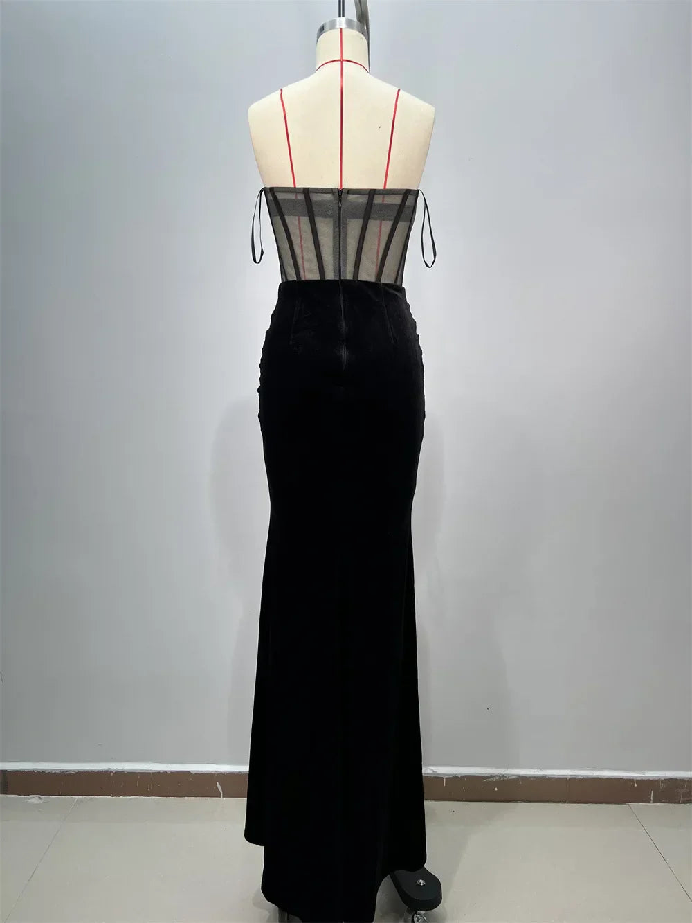 Luxury Diamonds Sexy Mesh See Through Black Velvet Strapless Floor Length Dress Celebrity Party Dress Birthday Vestido