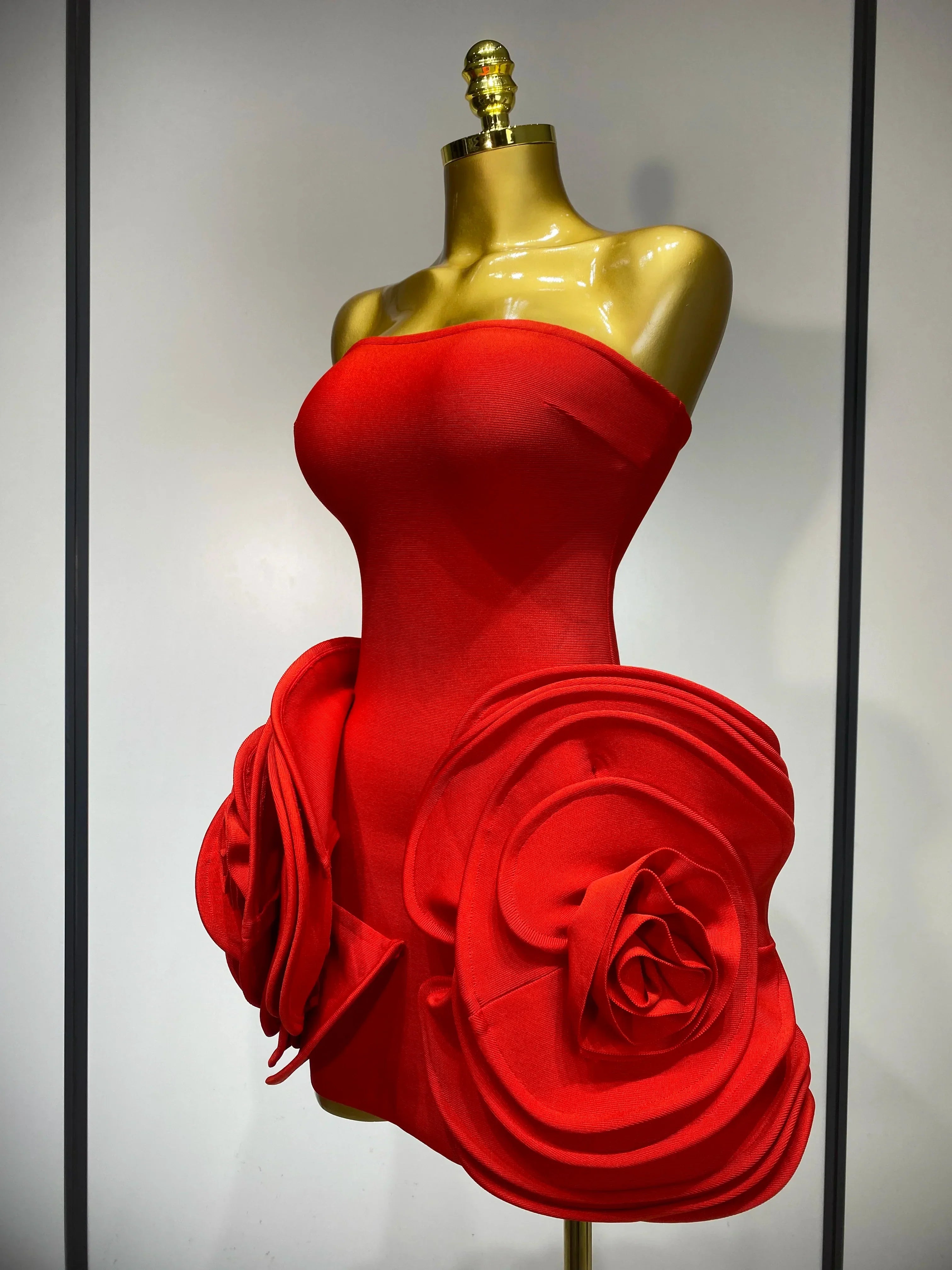 Celebrity Sexy Strapless Backless Flower Red Mini Bodycon Bandage Dress  Knitted Elegant Evening Club Luxury Birthday Dress