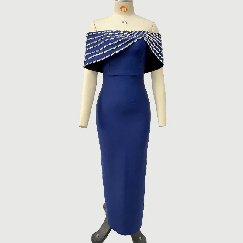 New Blue Color Women Sexy Slash Neck Off the Shoulder Shinning Crystal Bodycon Long Bandage Dress Elegant Evening Party Outfit Blue
