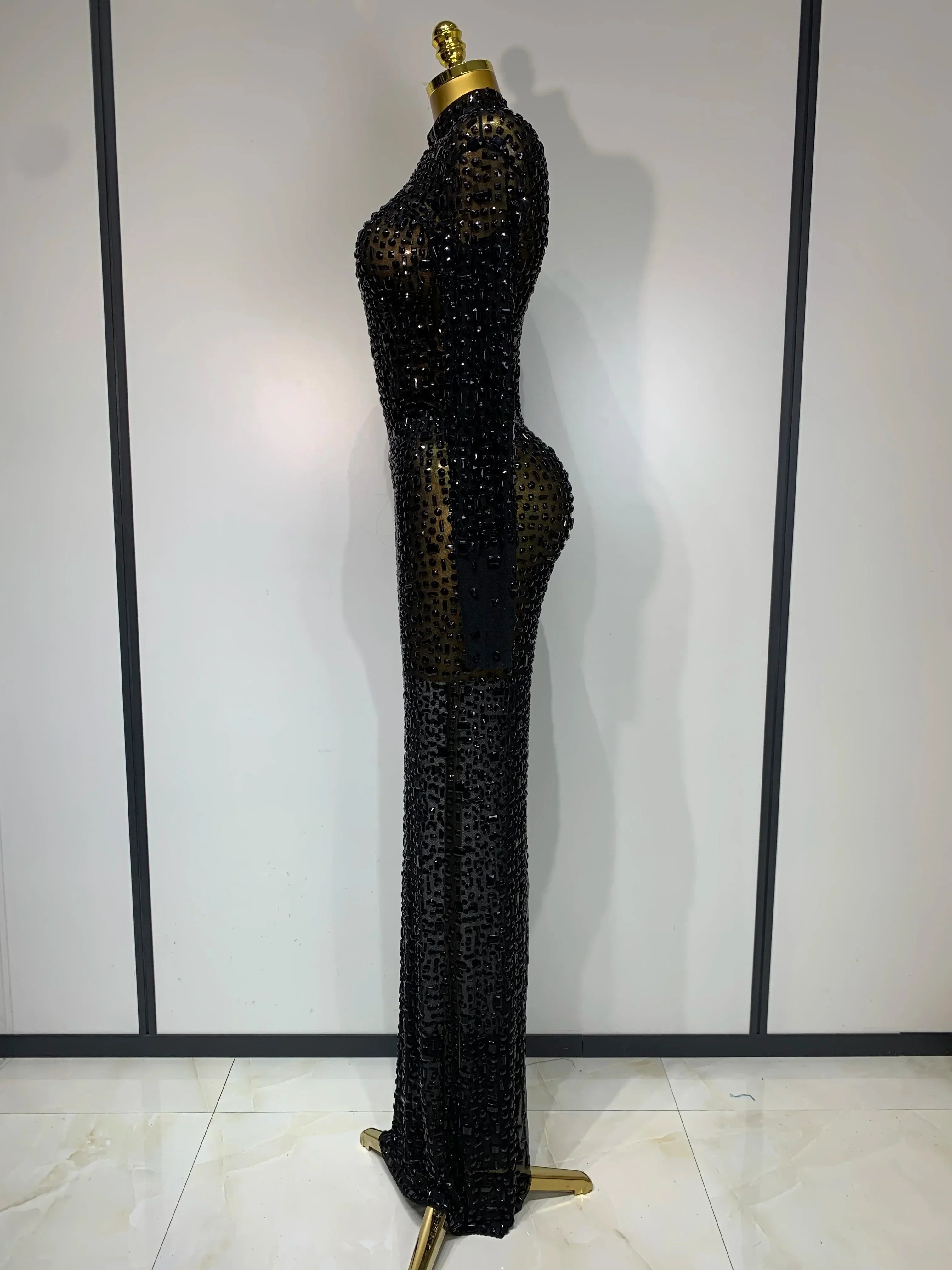 Sparkly Luxury Rhinstones Long Sleeve Elegant Party Dress Women  Performance Stage Outfit Evening Birthday Prom Gown