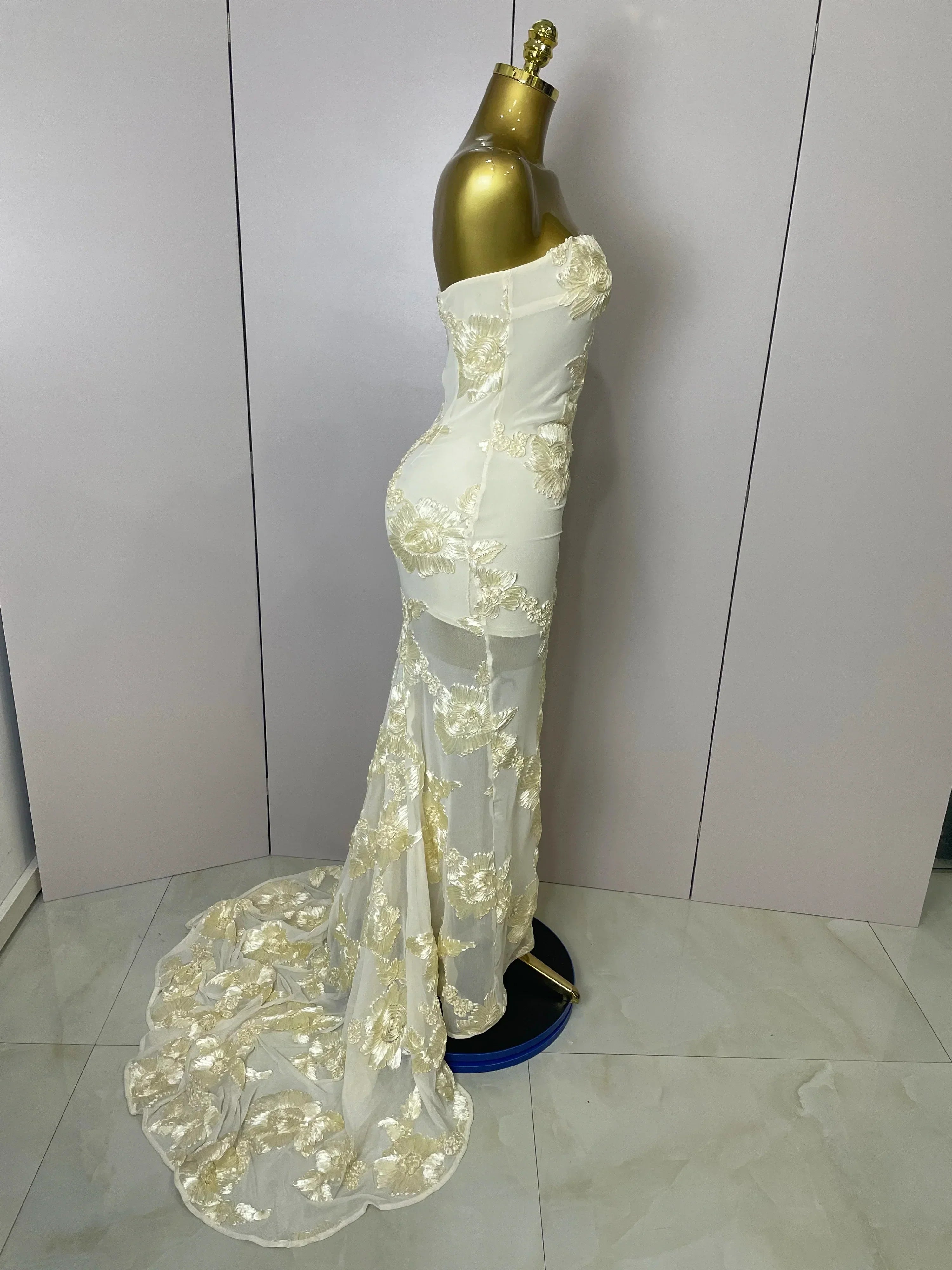 Women Sexy Strapless Embroidery Floor-length Maxi Dress Celebrate Evening Party Prom Cocktail Outfit