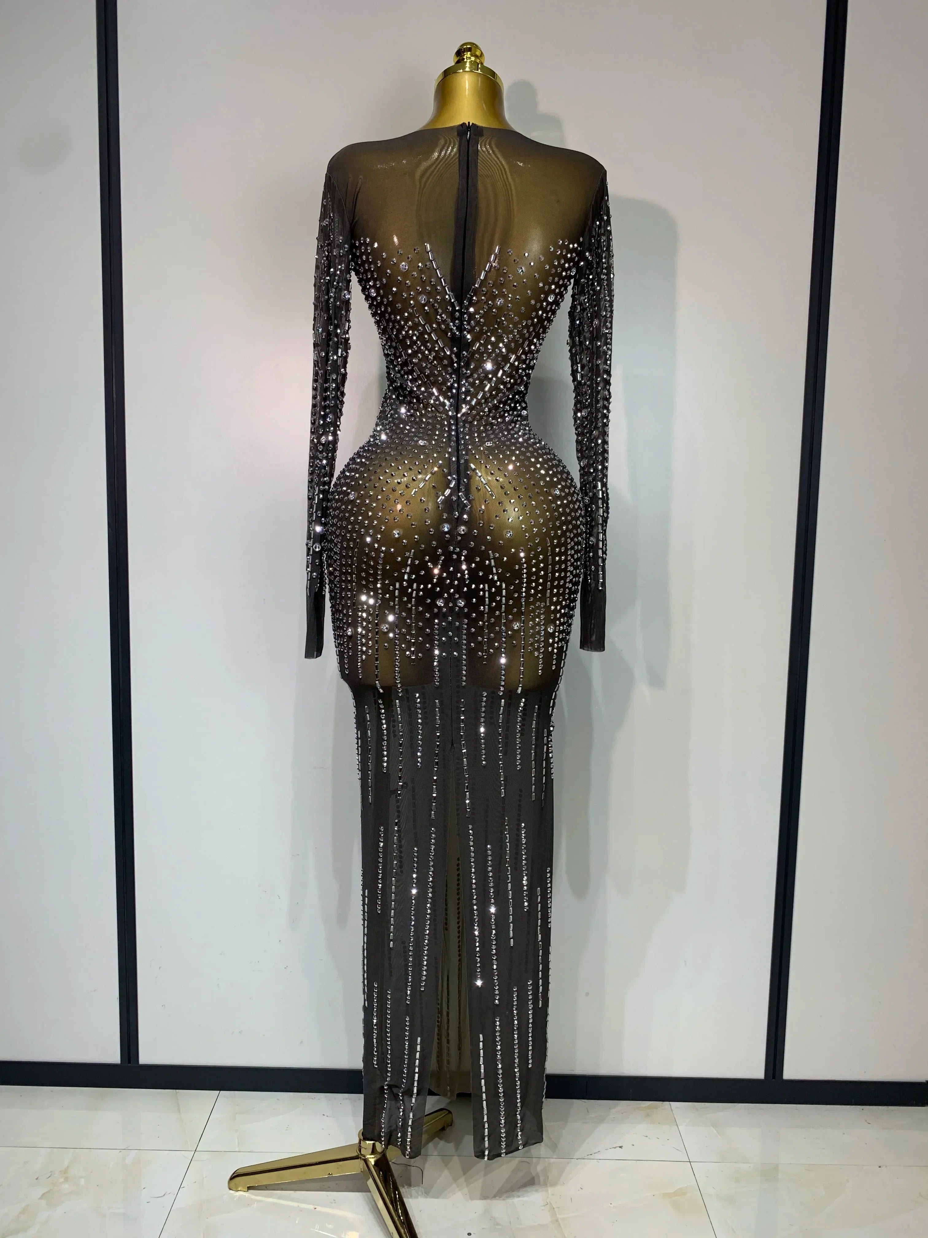 Women Sexy Long Sleeve Mesh See Through Dress  Elegant Evening Party Luxury Birthday Club Rhinestone Performance Costume
