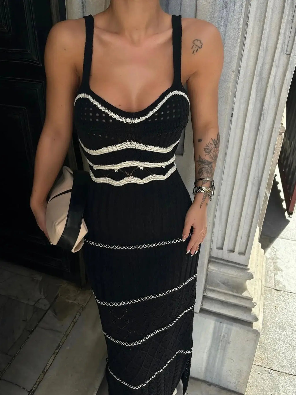 Striped Knit Backless V Neck Summer Dress