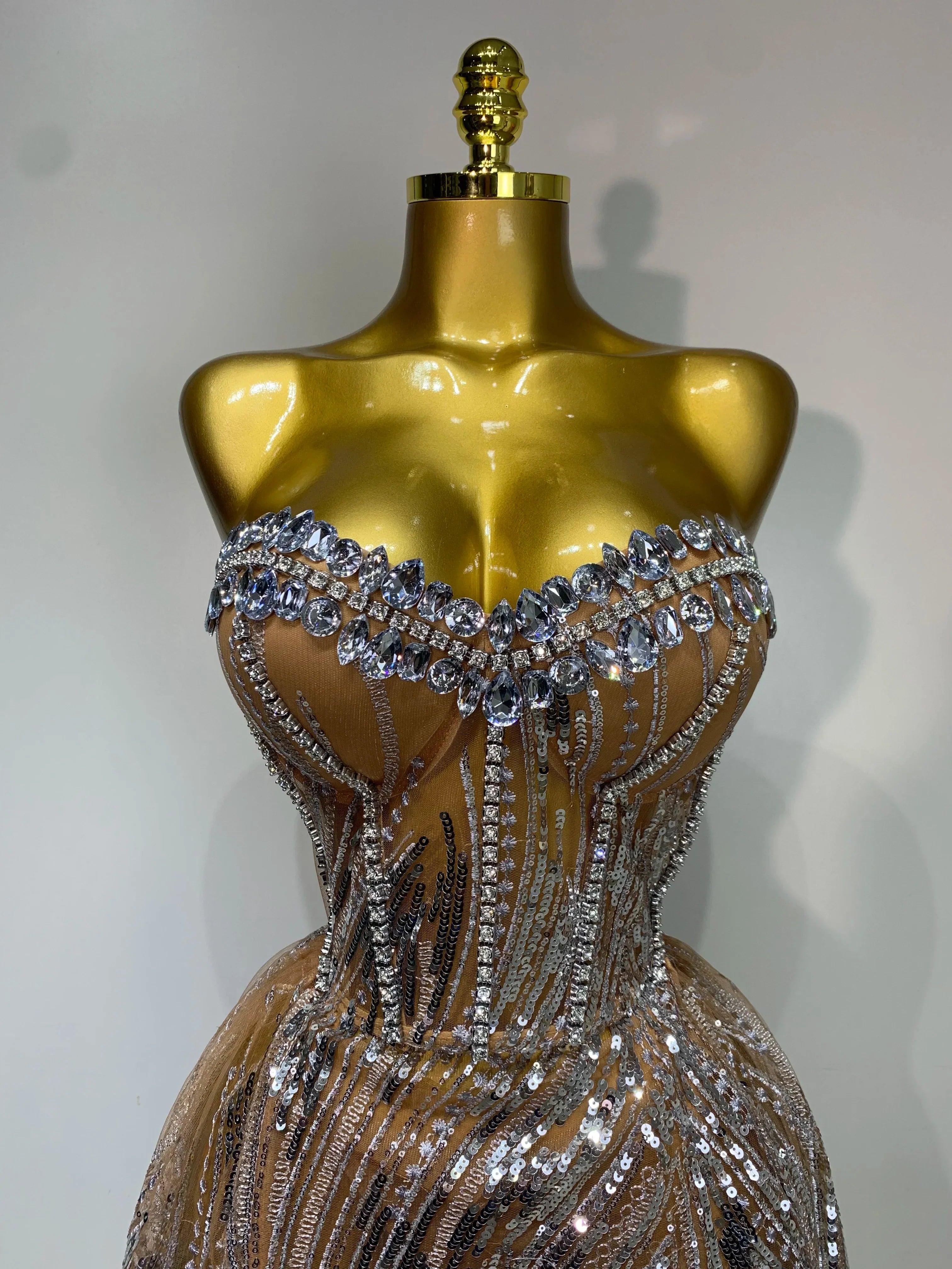 Women Sexy Strapless Mesh See Through Crystal Maxi Dress Evening Party Singer Stage Performance Costume Luxury Birthday Dress