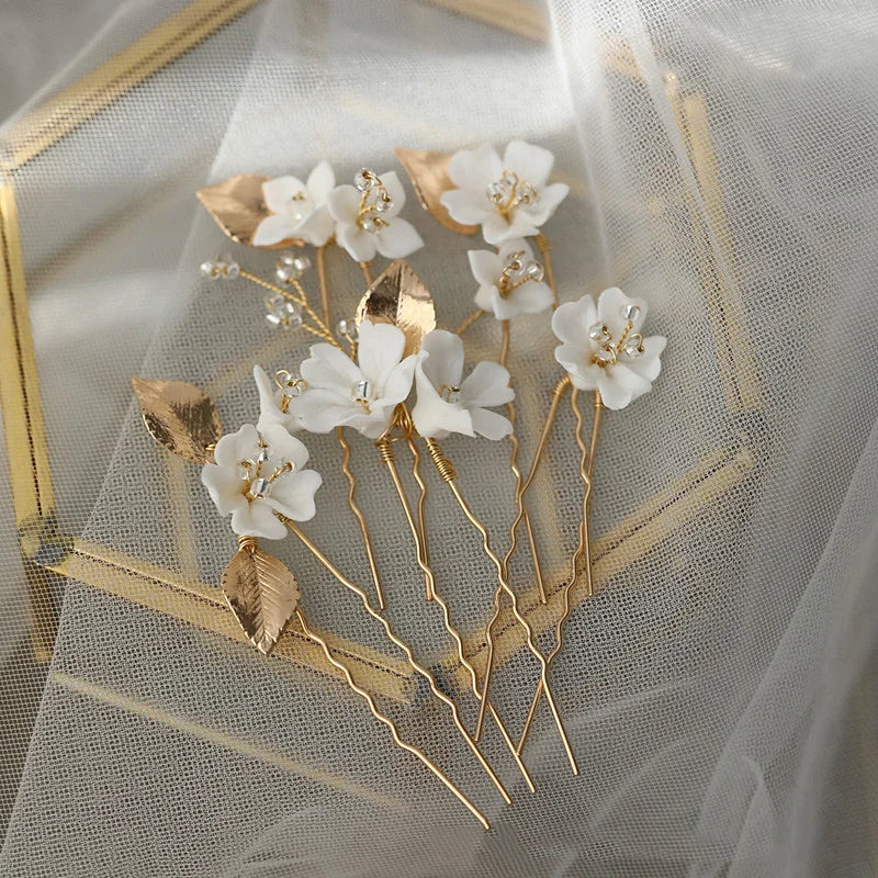 Bridal Accessories Porcelain Flower Hair Pins Clips Vintage Gold Color Hairpins For Brides Women Head Pieces Wedding Jewelry a
