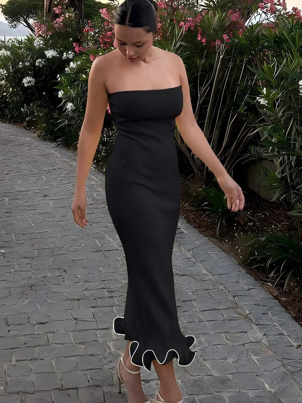 Sleeveless Ruffles Patchwork Bodycon Midi Dress