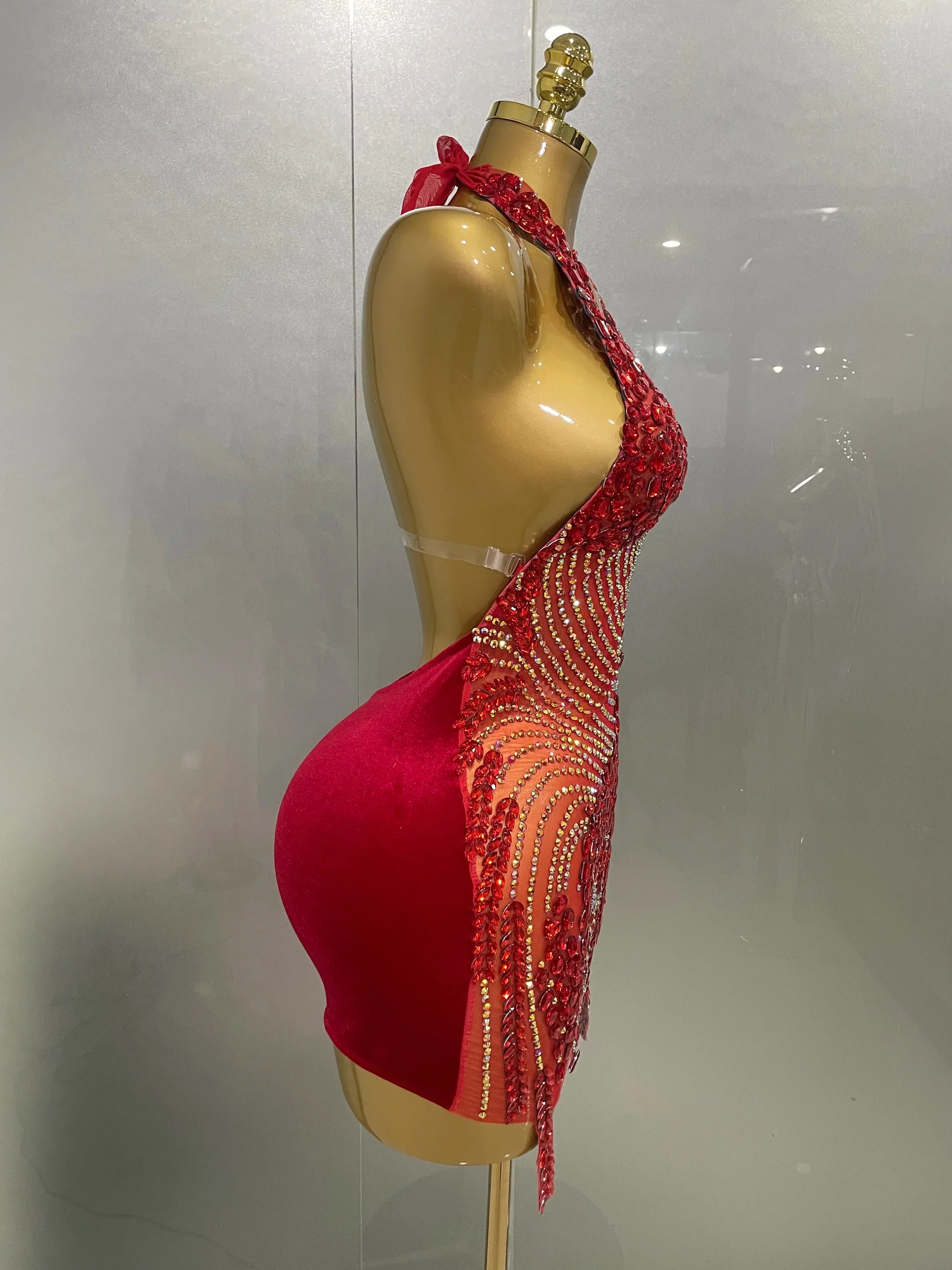 Sexy Red Sparkly Rhinestones Halter Backless Velour Short Dress  Women Evening Prom Celebrate Birthday Party Stage Wear