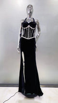 Luxury Shining Diamond Halter Black Velvet floor Lenght Evening Dress Celebrity Birthday Party Outfit Performance Costume black