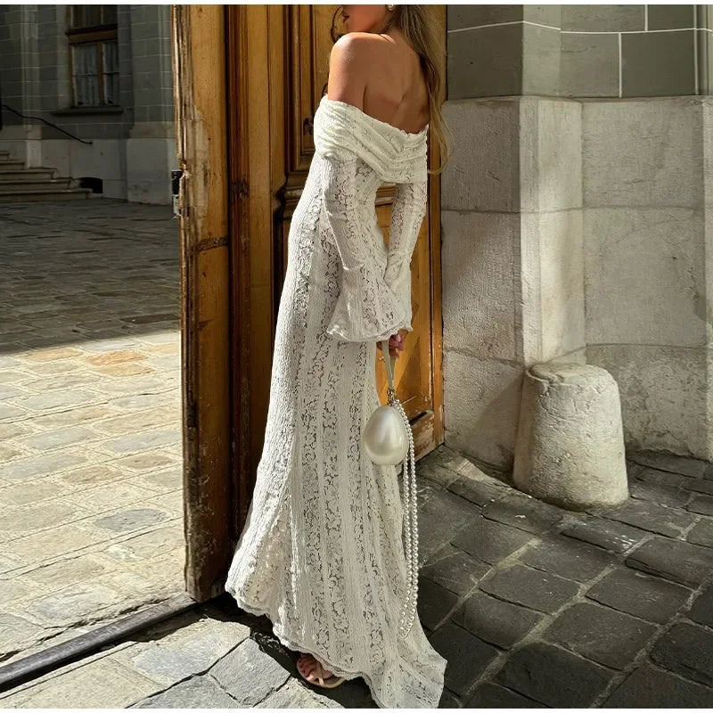 Sexy Hollow Out Lace Maxi Dress Female Backless See Through Slim Lace Up Bandeau Dress Women's White Luxury Long Dress