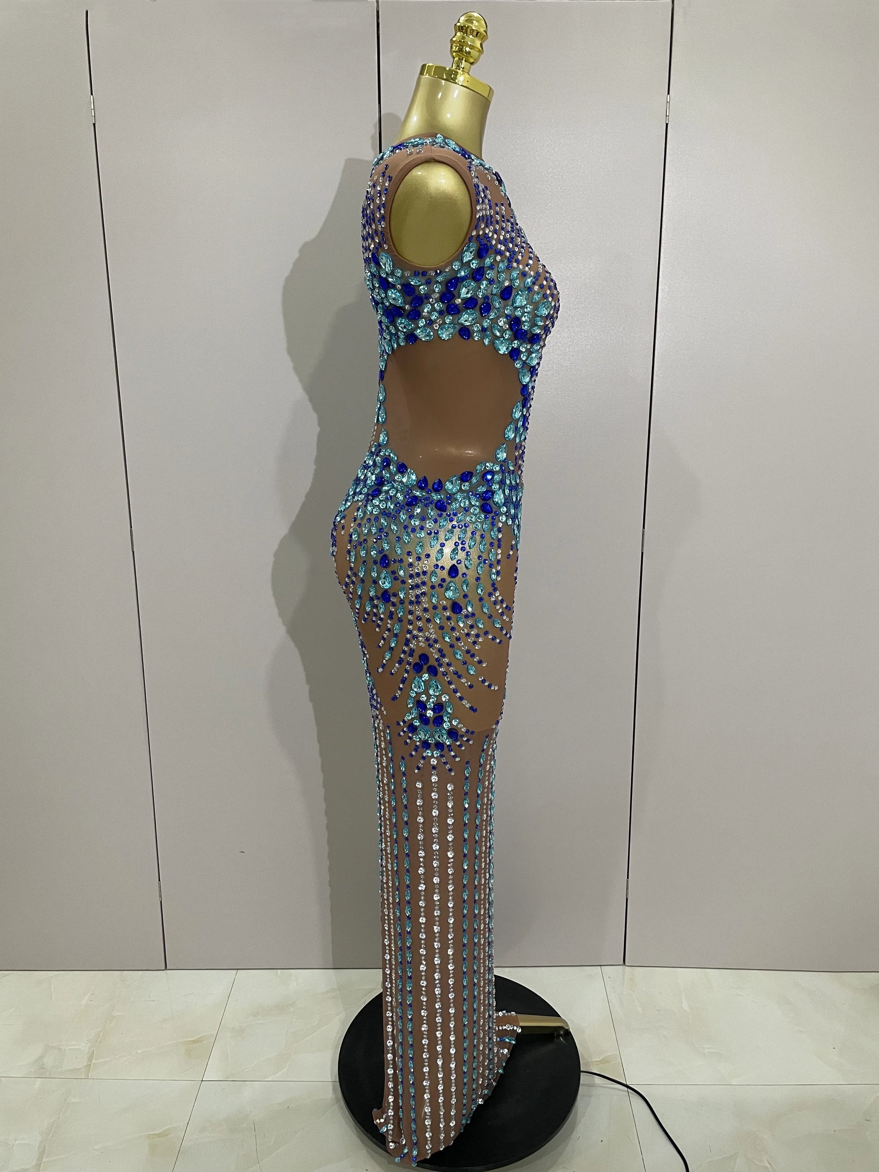 Luxury Sparkly Rhinestones Nude Sexy Mesh Maxi Dress Women Evening Birthday Party Elegant Gown Show Red carpet Stage Costume