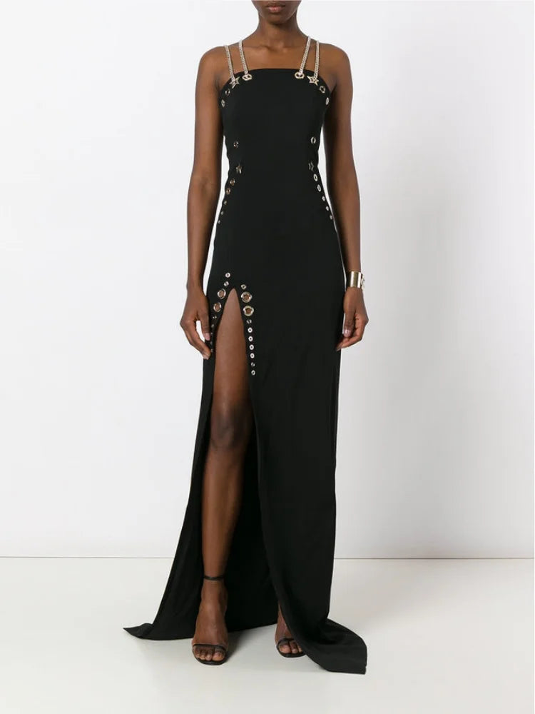Women Sleeveless Sexy Square Colalr Chain Bodycon Long Dress Elegant Evening Party Fashion Celebrate Dress