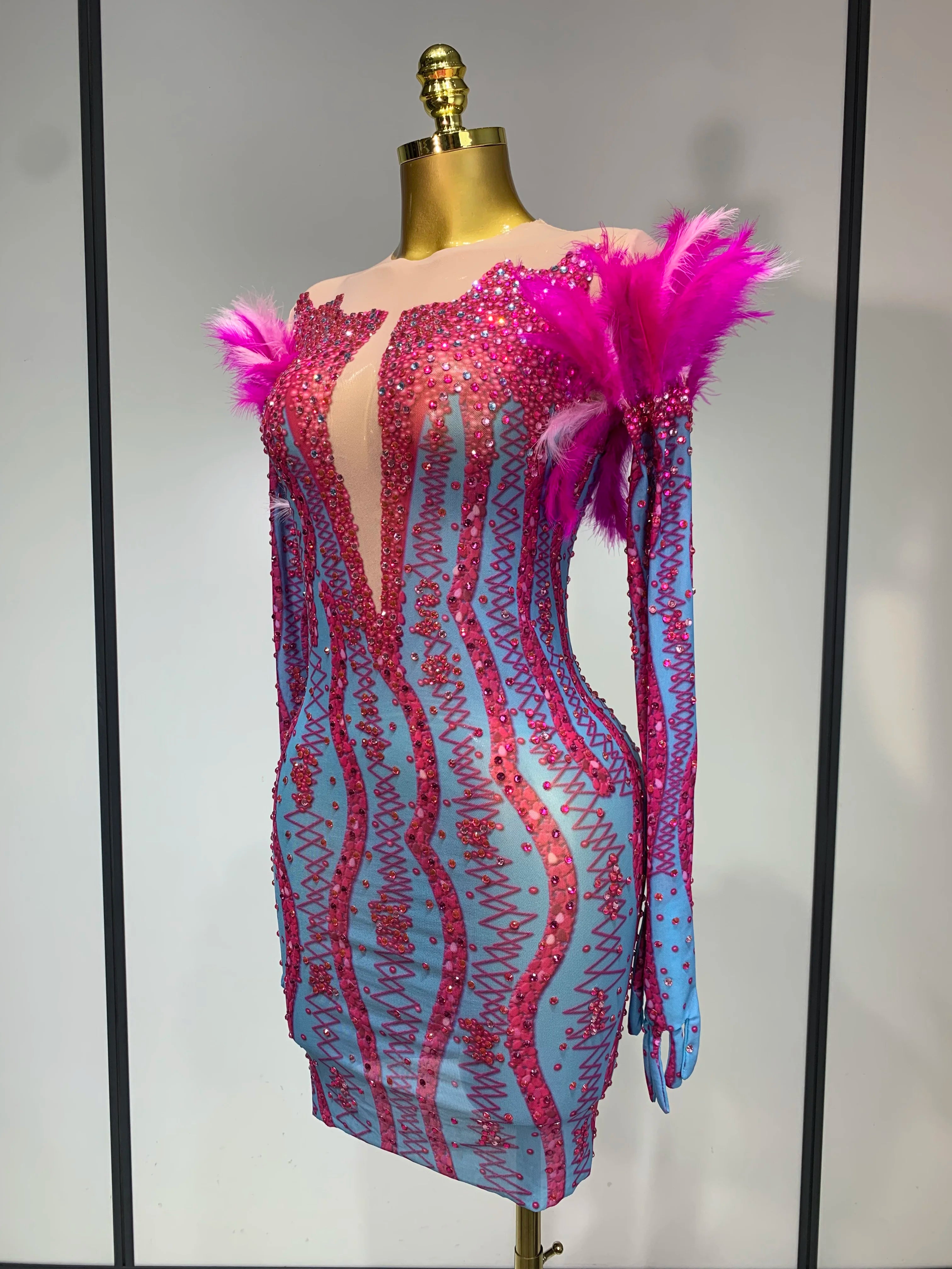 Women Sexy Mesh See Through Diamond Feather Dress Elegant Evening Party Luxury Birthday Nightclub Performance Stage Costume