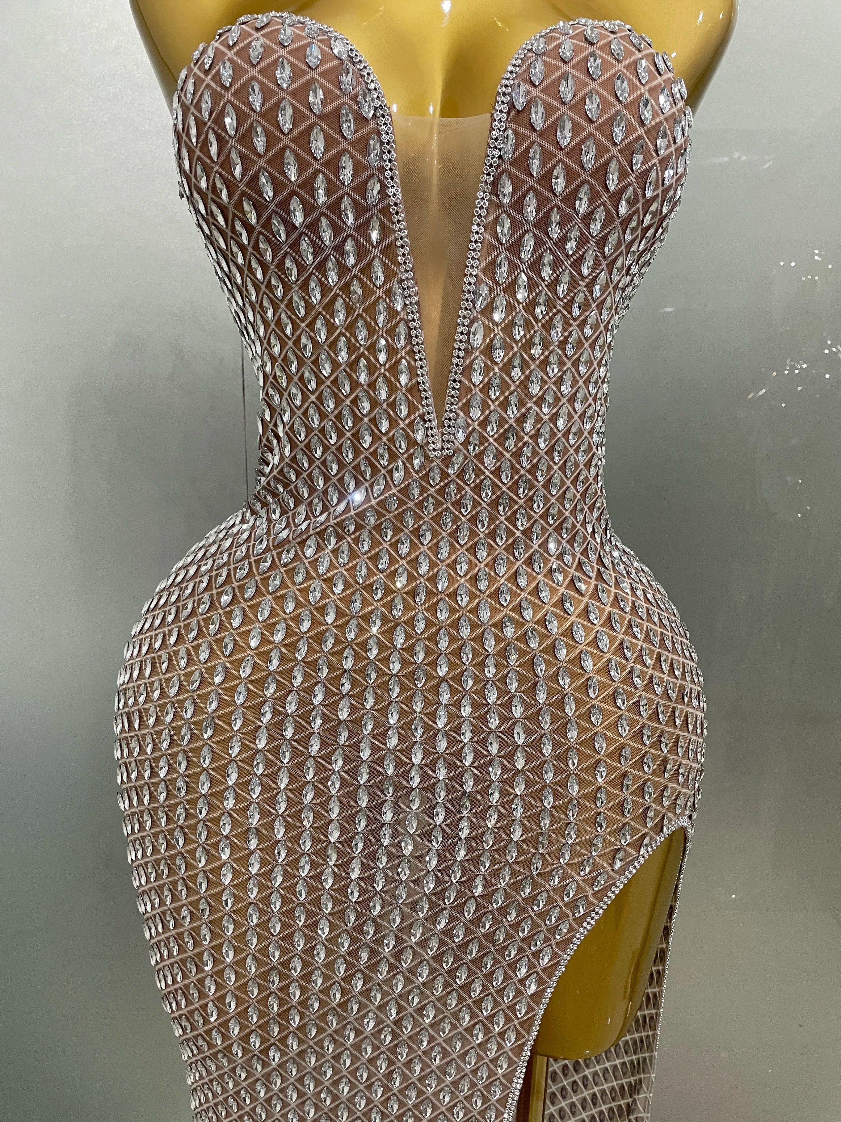 Luxurious Full Rhinestones Mesh Transparent long dress Women Birthday Celebrate Evening Prom Dress party Club Stage Costume
